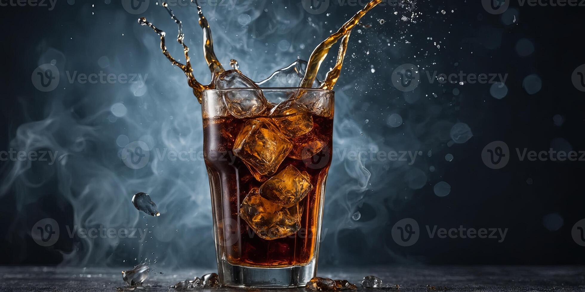 Macro Cola Drink Glass with Ice Splash on Cool Smoke Background. photo
