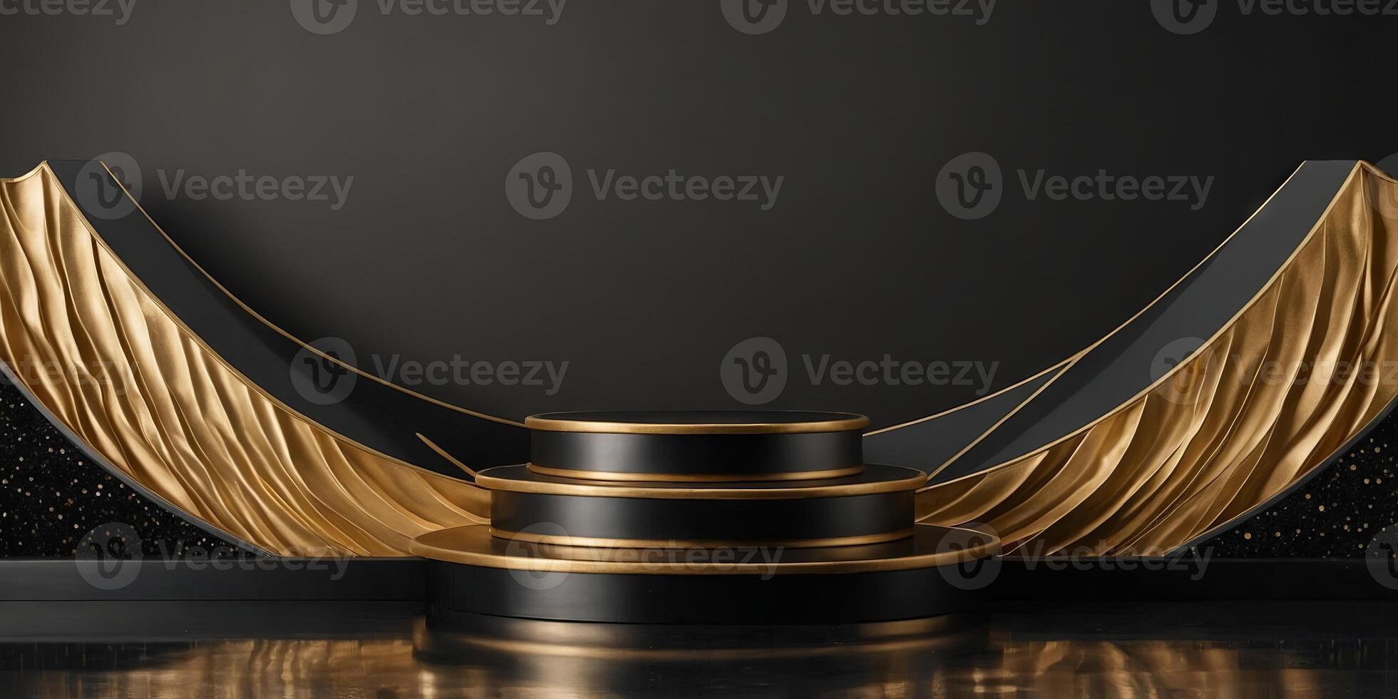 Luxury black and gold podium with wavy layers for product display, luxury, podium, pedestal, abstract,black, gold, glitter, wavy. photo