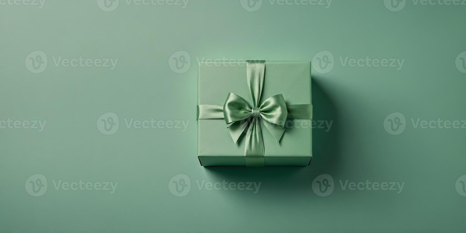 Light green present box with bow on the pastel green background, top view,. photo