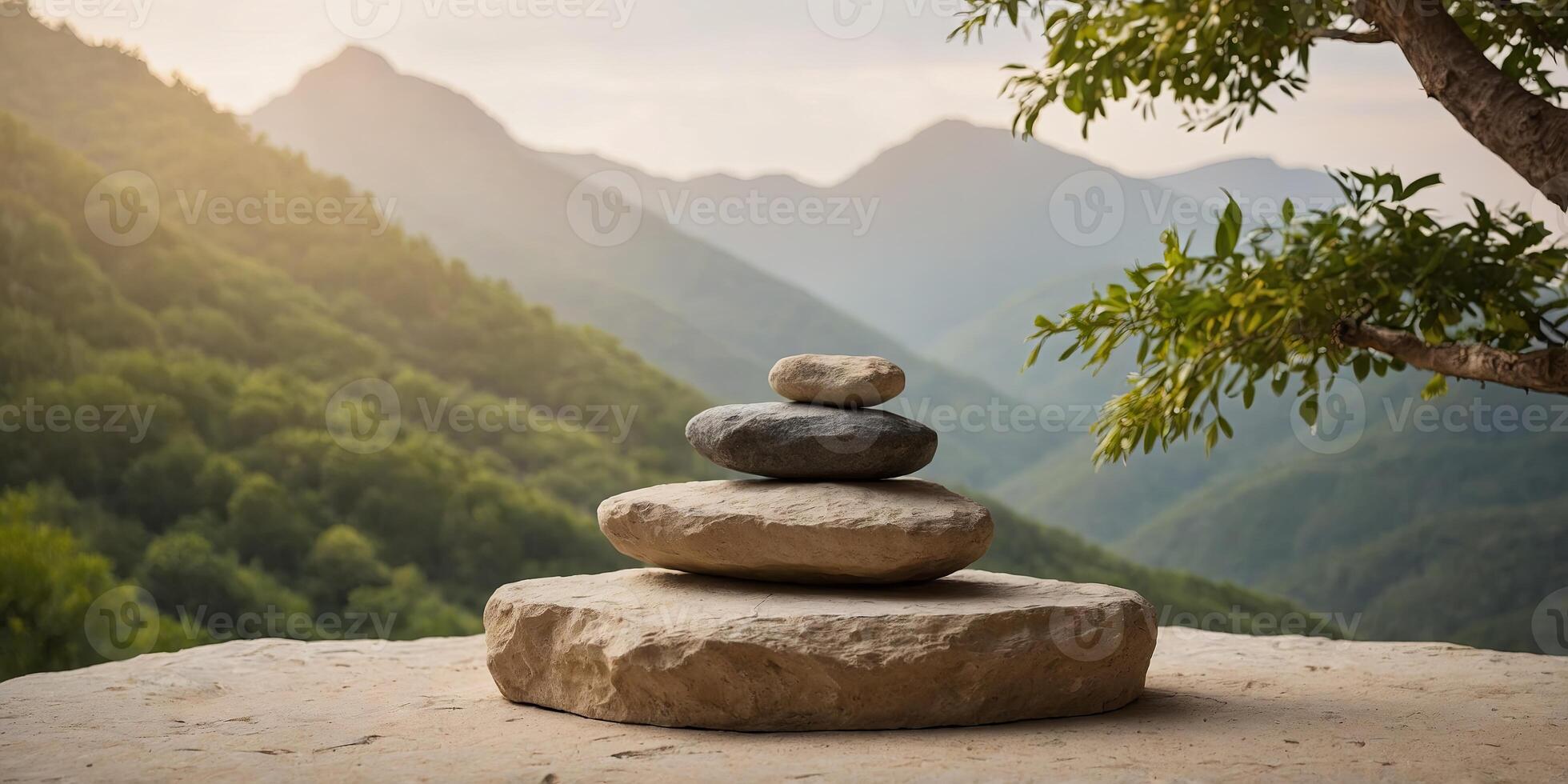Light beige rock podium stage for product display with nature themed background, beige, rock. photo