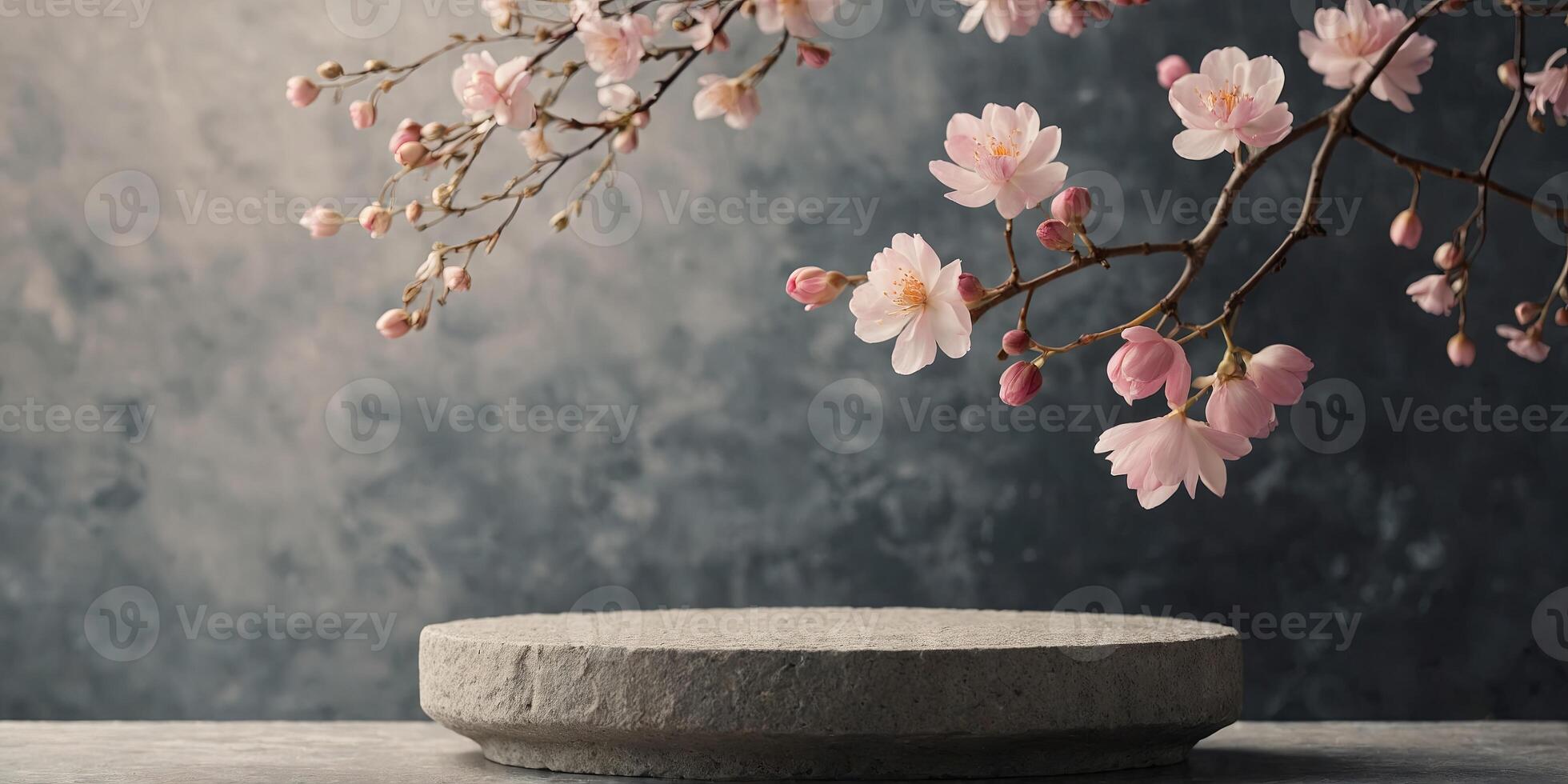 Empty stone pedestal with spring petals background Modern product display Minimal mockup template. photo