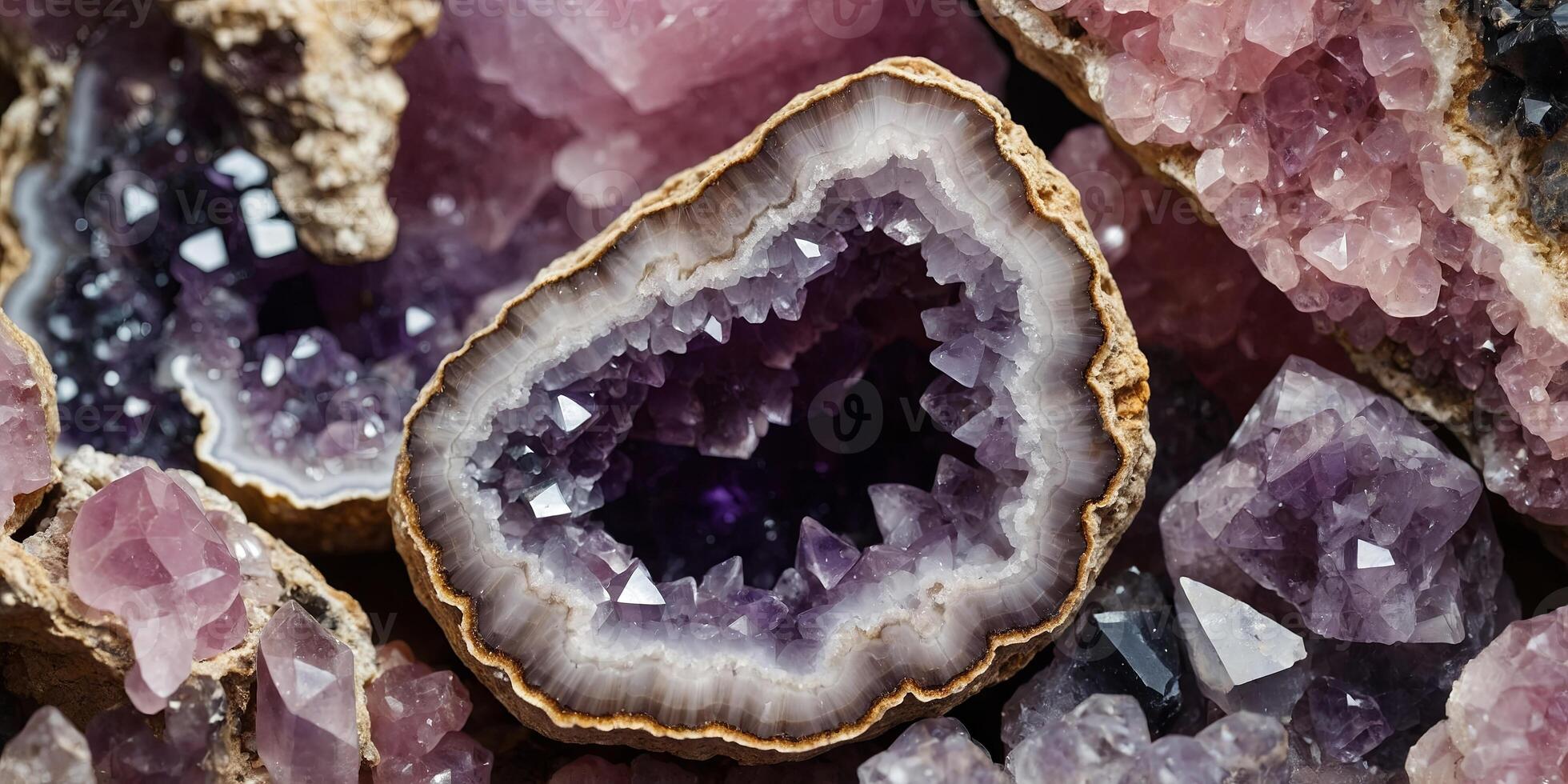 Macro close-up of natural geode crystal gemstone mineral rock formation, pink, purple, amethyst, rose quartz, agate, background image, room for copy space. photo