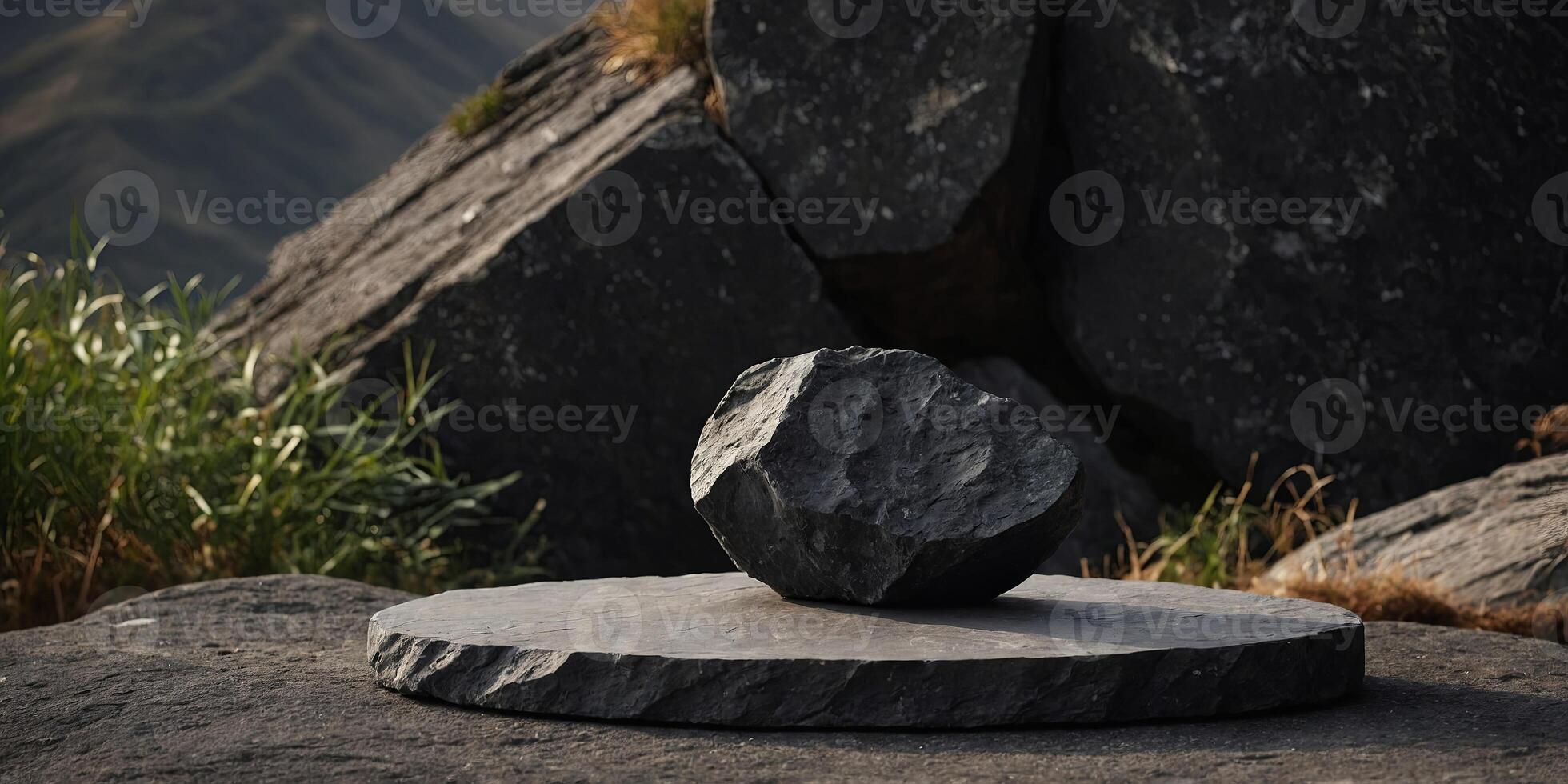 Luxury organic mockup with dark rock shape podium Round rough stone pedestal Empty base for product promotion. photo