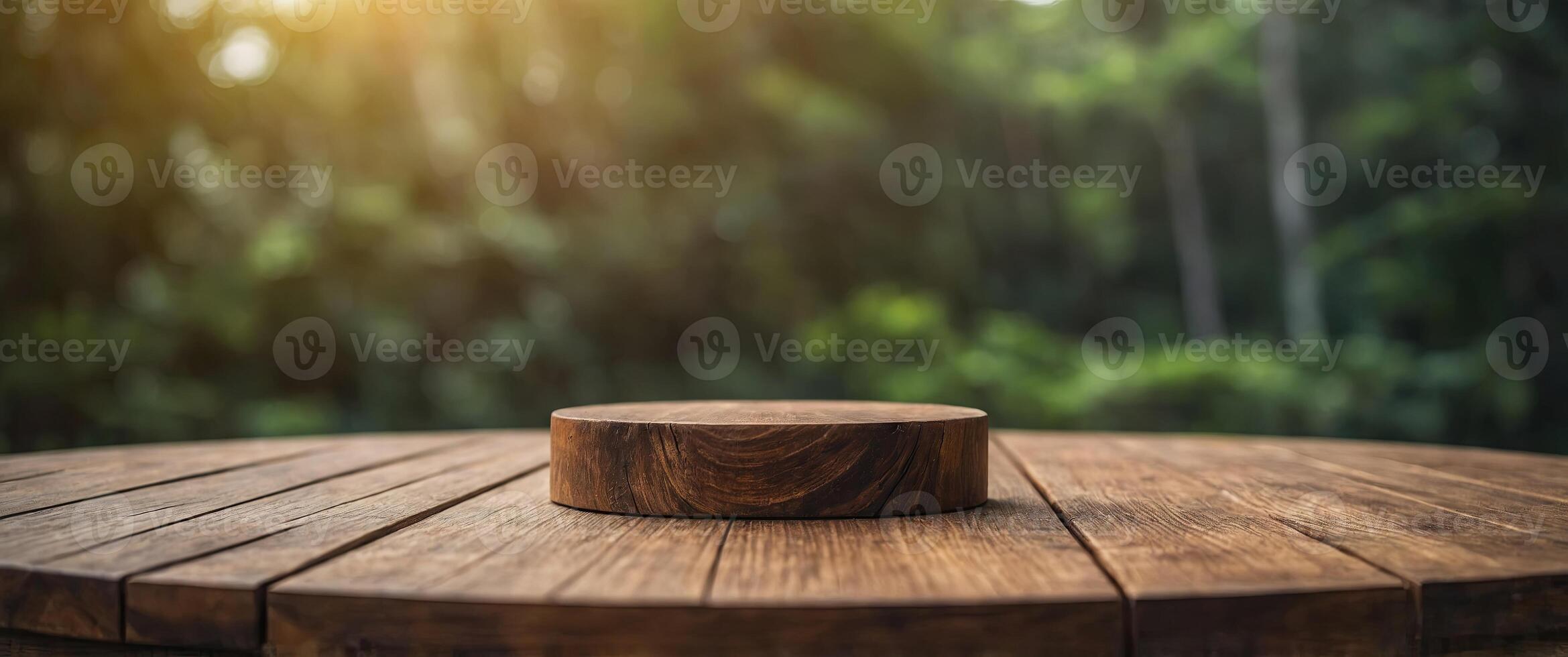 Empty wooden podium with blurred nature background for product display. photo