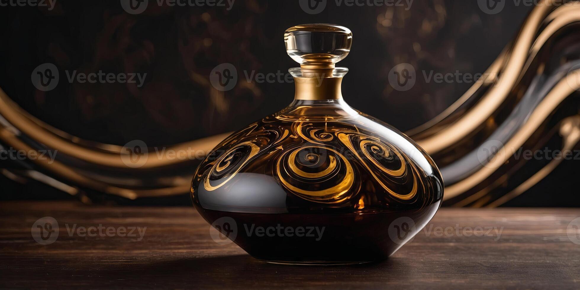 Luxurious swirls of dark wood and golden accents surround a sleek modern decanter a work of art in itself. photo