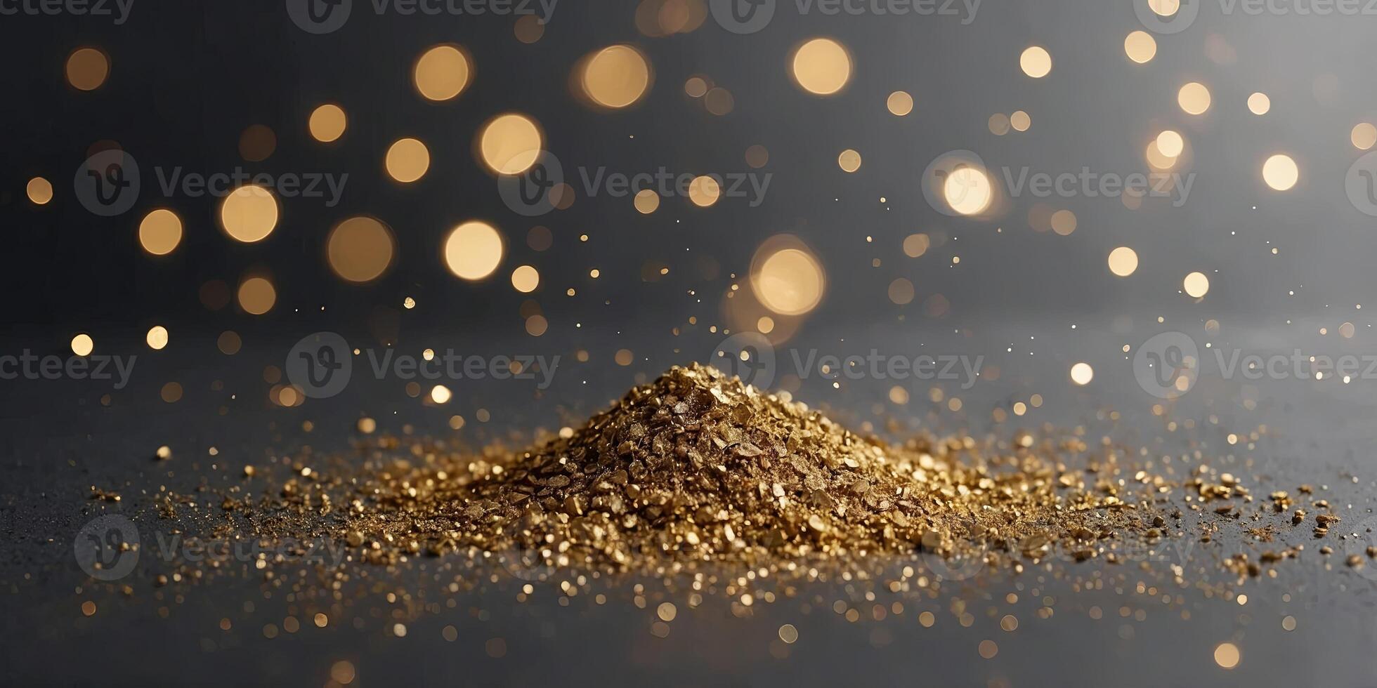 Gray minimalistic background with gold bokeh lights and gold dust Copy space. photo
