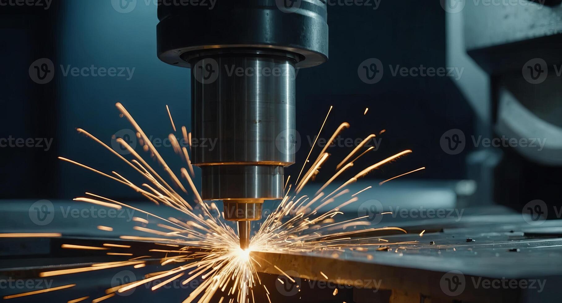 Metalworking CNC milling machine in action, cutting metal and producing sparks Precision engineering with automated technology, showcased in a close-up view of the machinery and process. photo