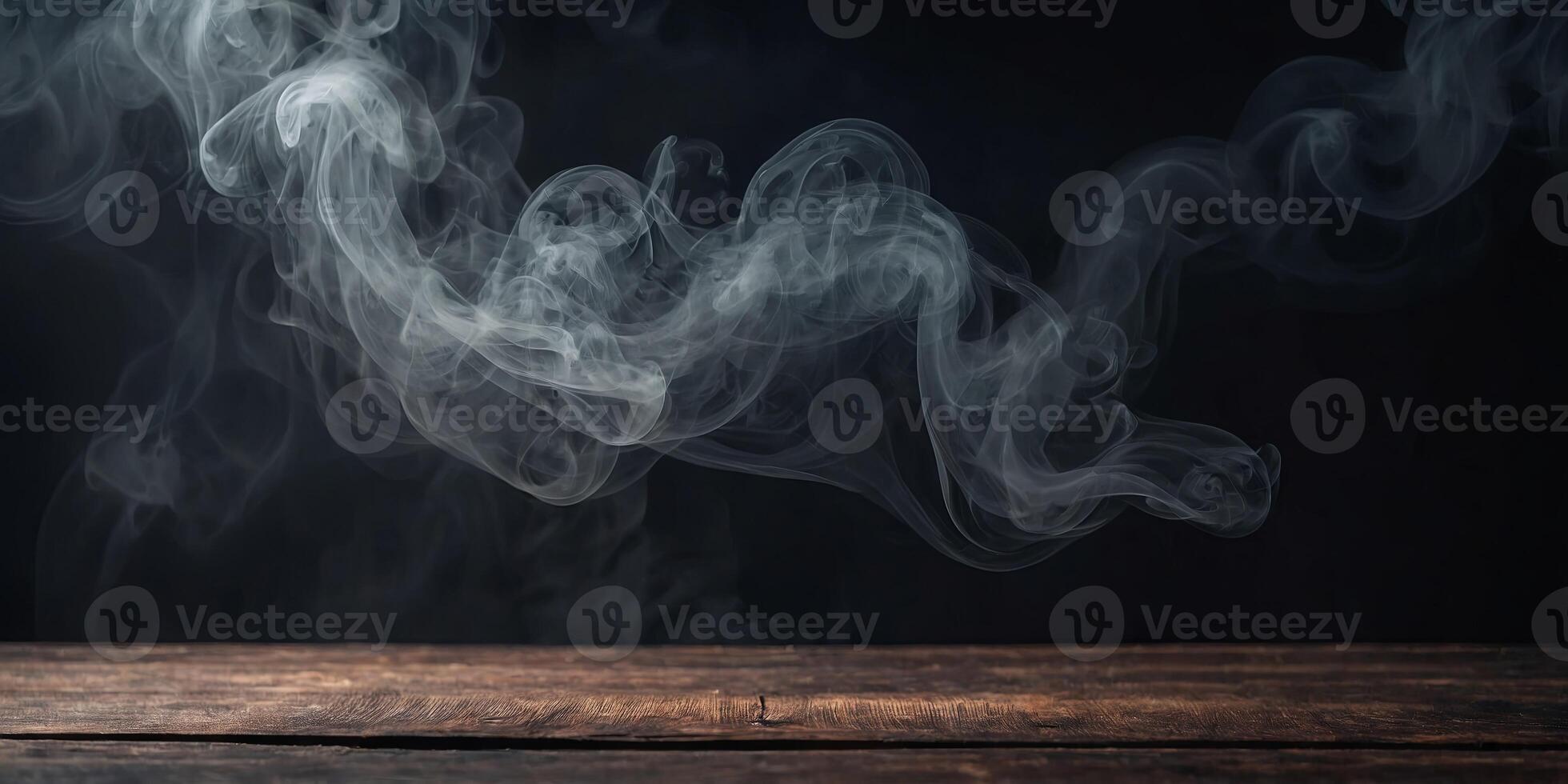 Fog In Darkness Smoke And Mist On Wooden Table Abstract And Defocused Halloween Backdrop. photo