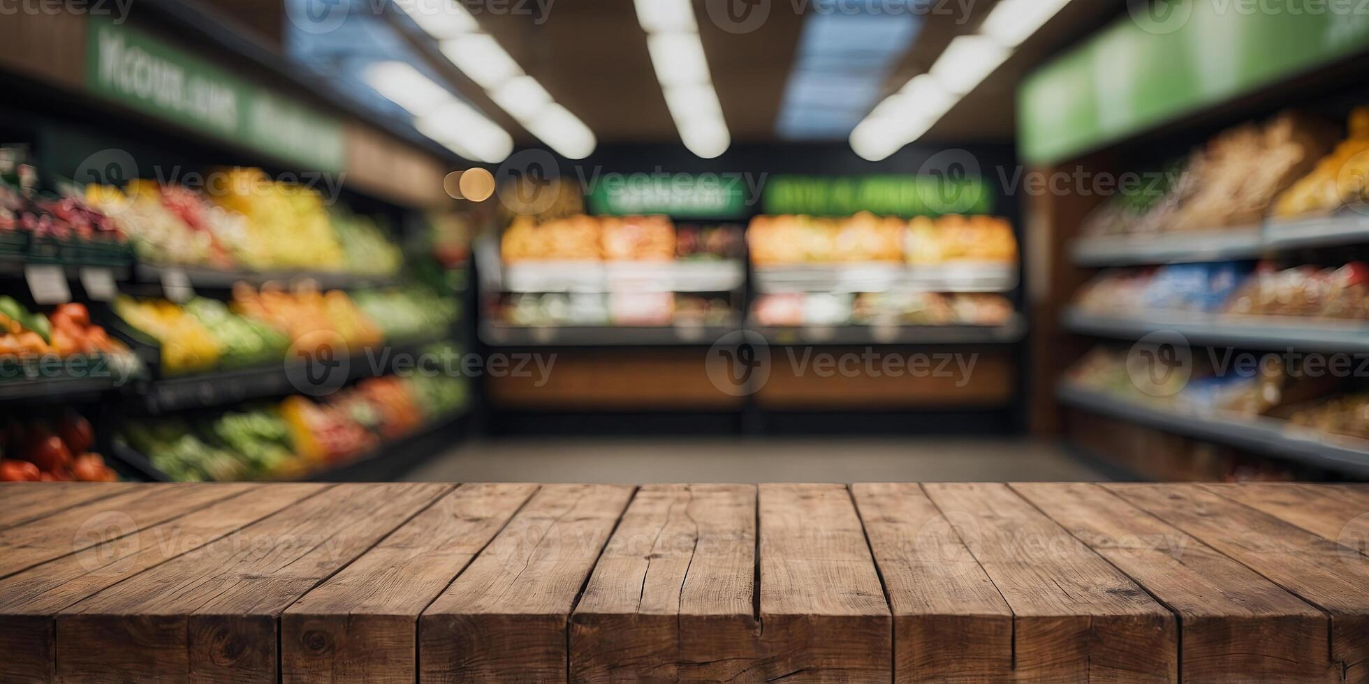 Empty wooden table top and blurred supermarket as background Image for display product. photo