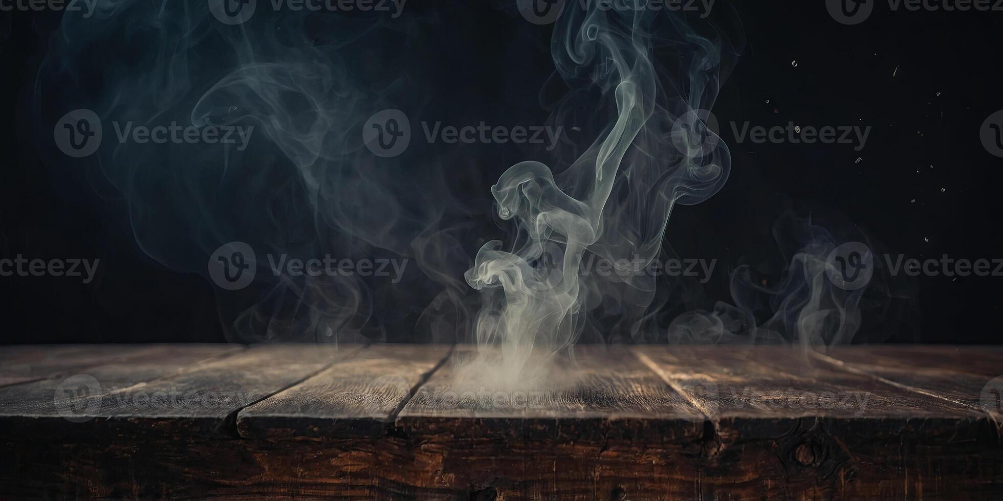 Fog In Darkness Smoke And Mist On Wooden Table Abstract And Defocused Halloween Backdrop. photo