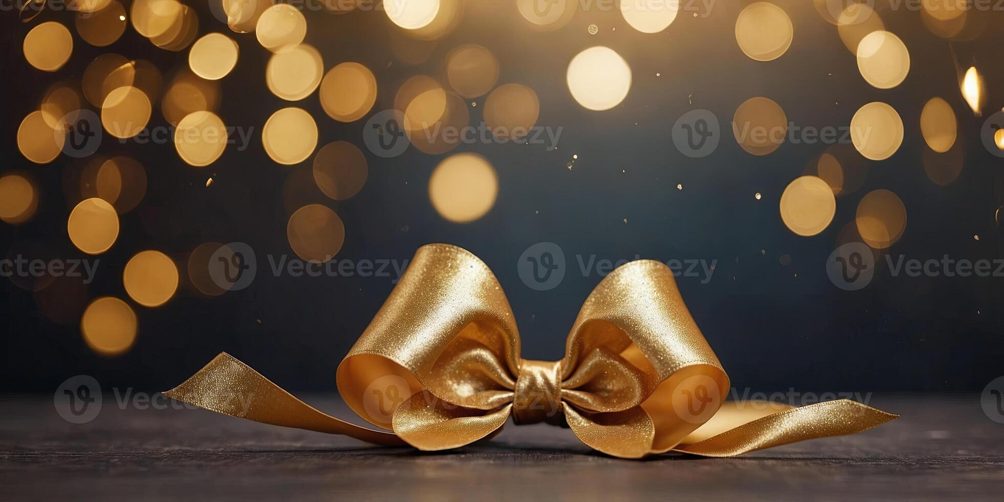 Golden bow on magic background with bokeh effect. photo