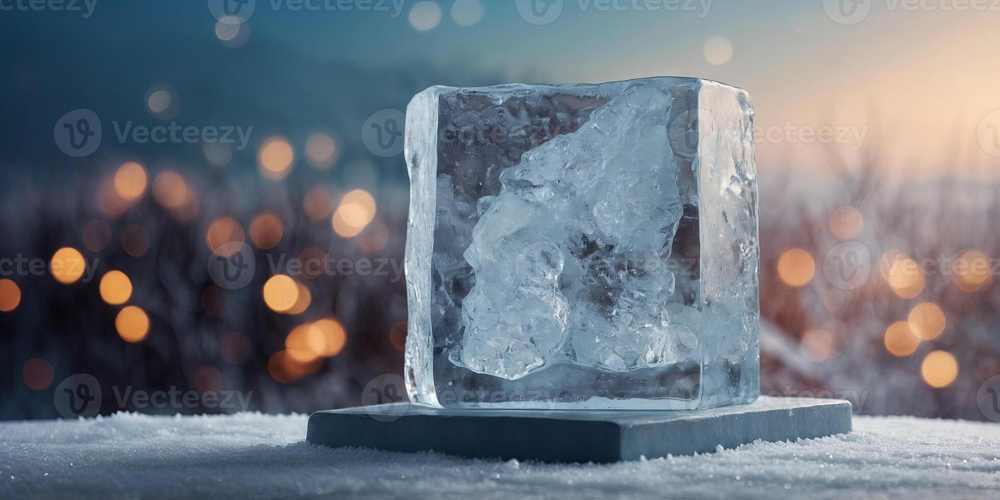 Ice podium for product display on winter background. photo