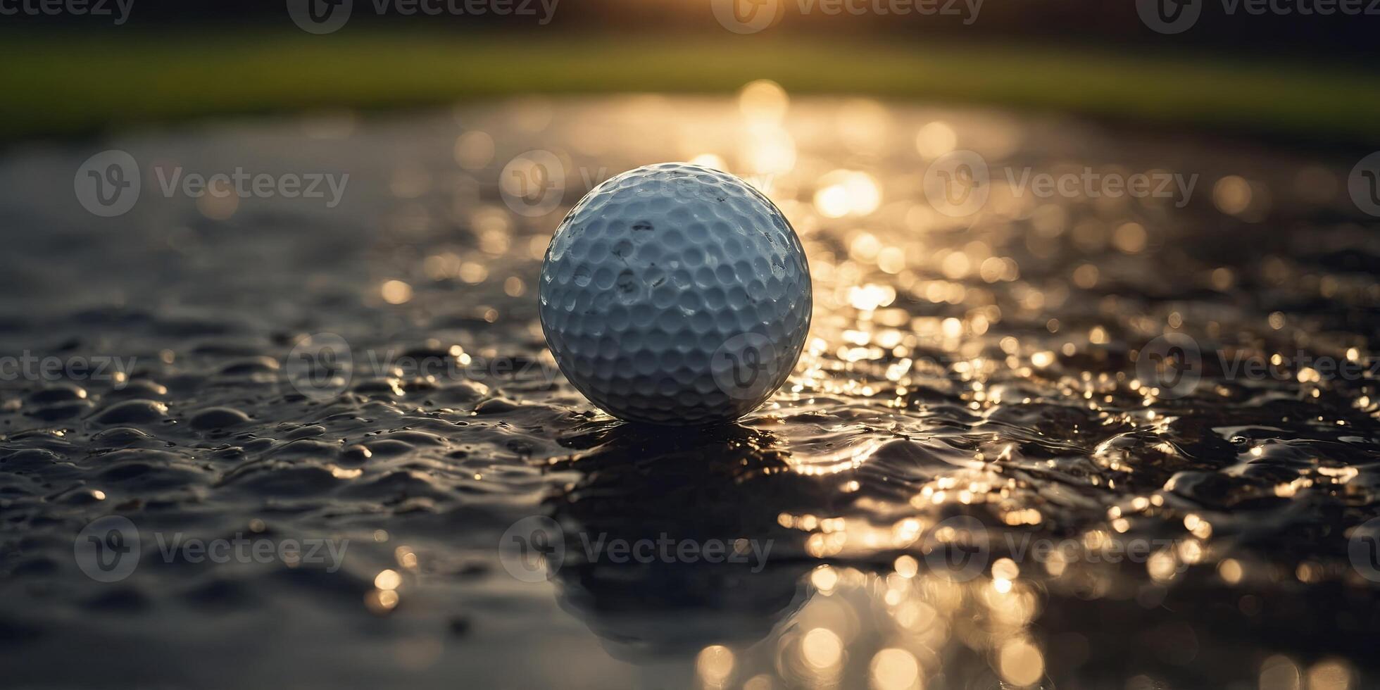 Golf ball on wet surface with golden light. photo