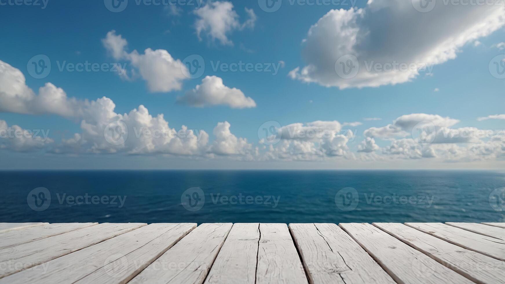 White wooden table with blue sky and sea background for product display. . photo