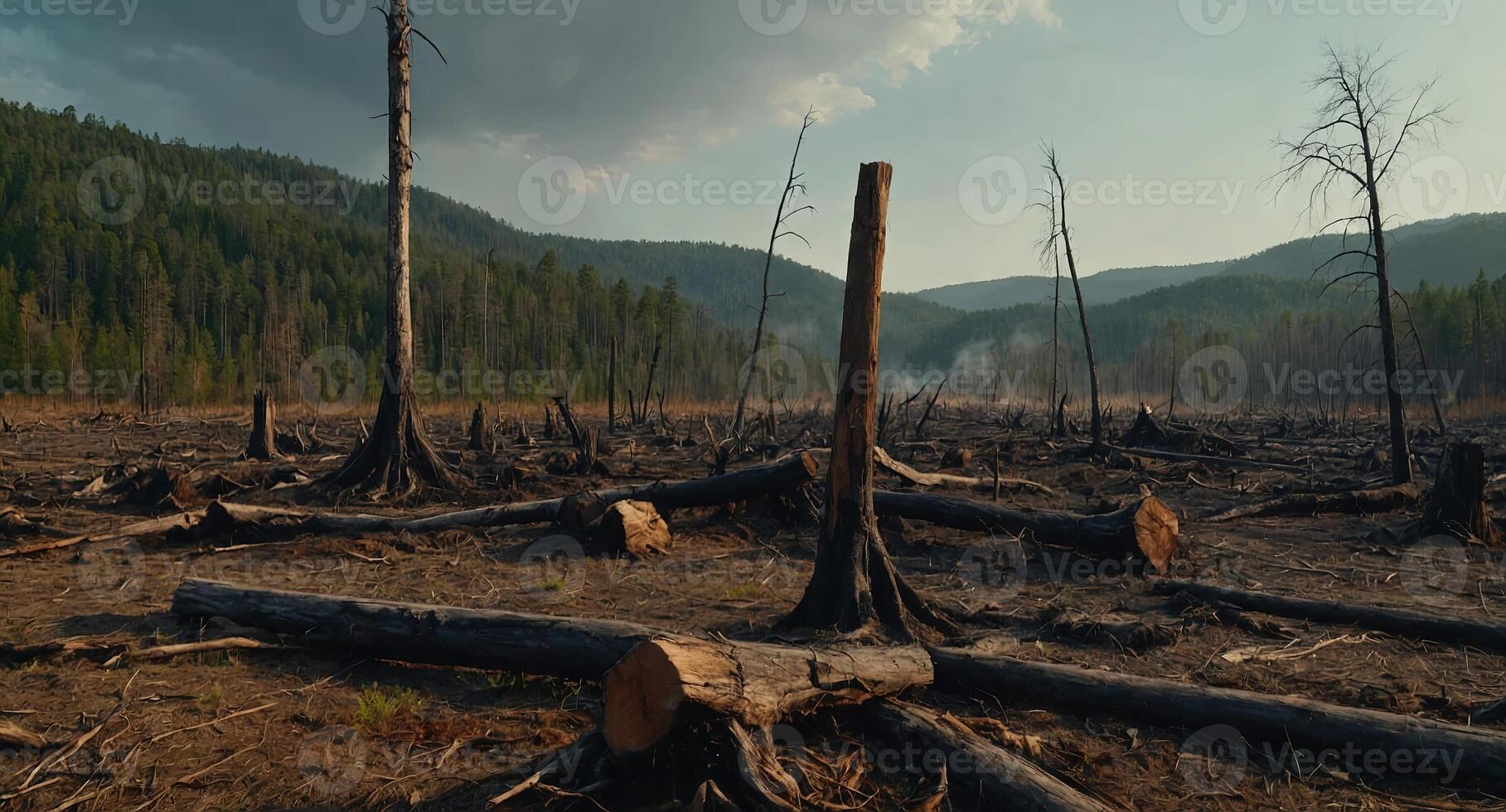 Stumps on the valley caused by deforestation and burn horror brunt down forest landscape. photo