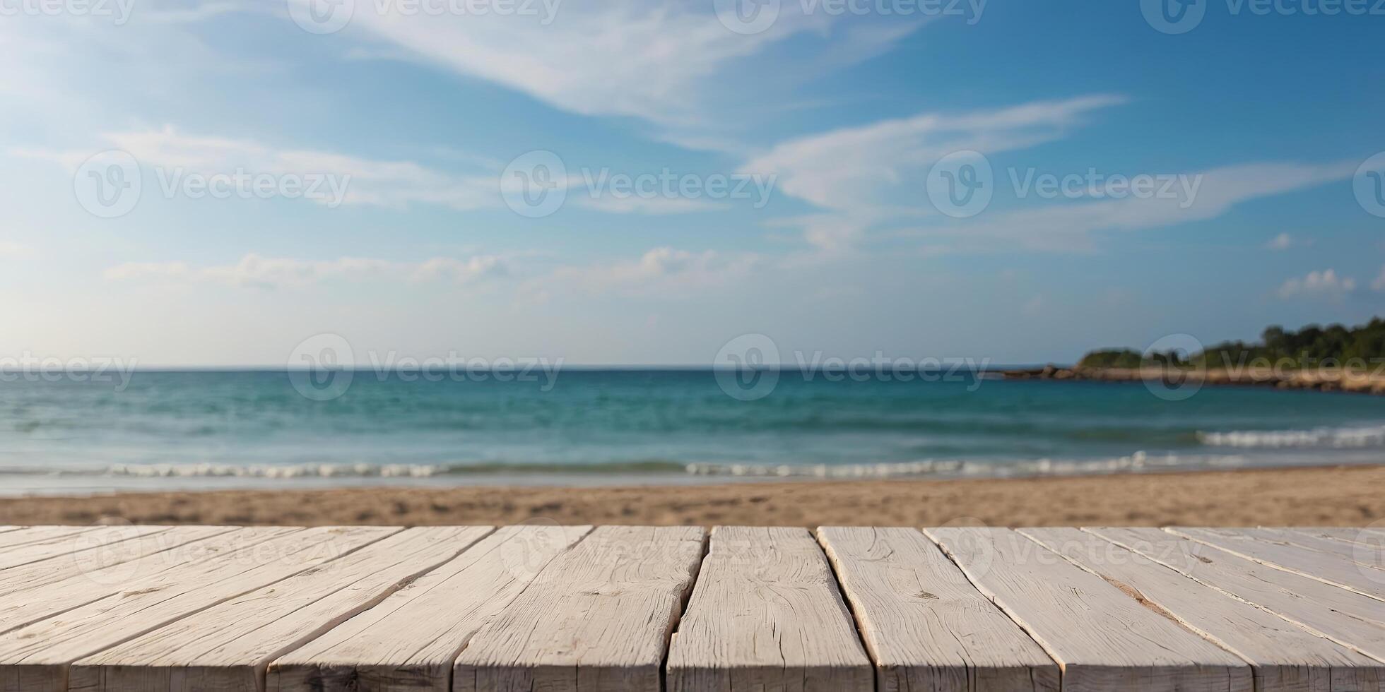 White wood table with summer beach background for product display. photo