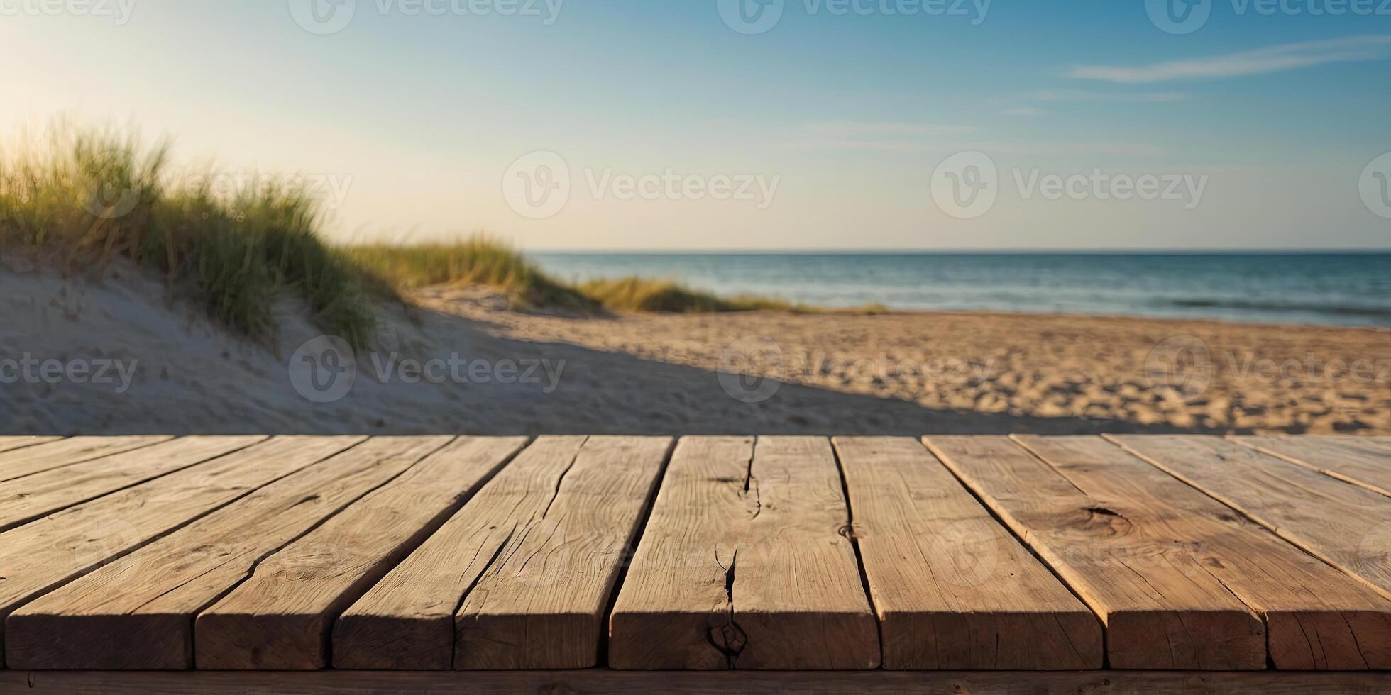Sunny beach in summer provides a blurred backdrop for a wooden table, suitable for displaying and presenting summer products on the table. photo