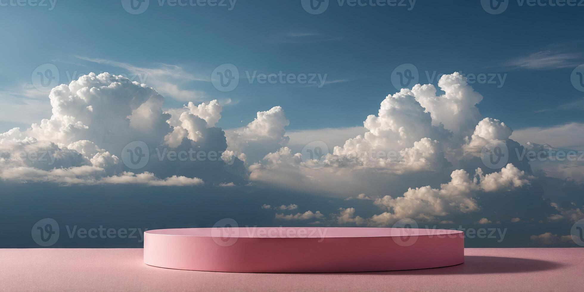 Pink Podium display for product presentation on a blue sky background with clouds Pedestal platform mockup, stand show for organic product. photo