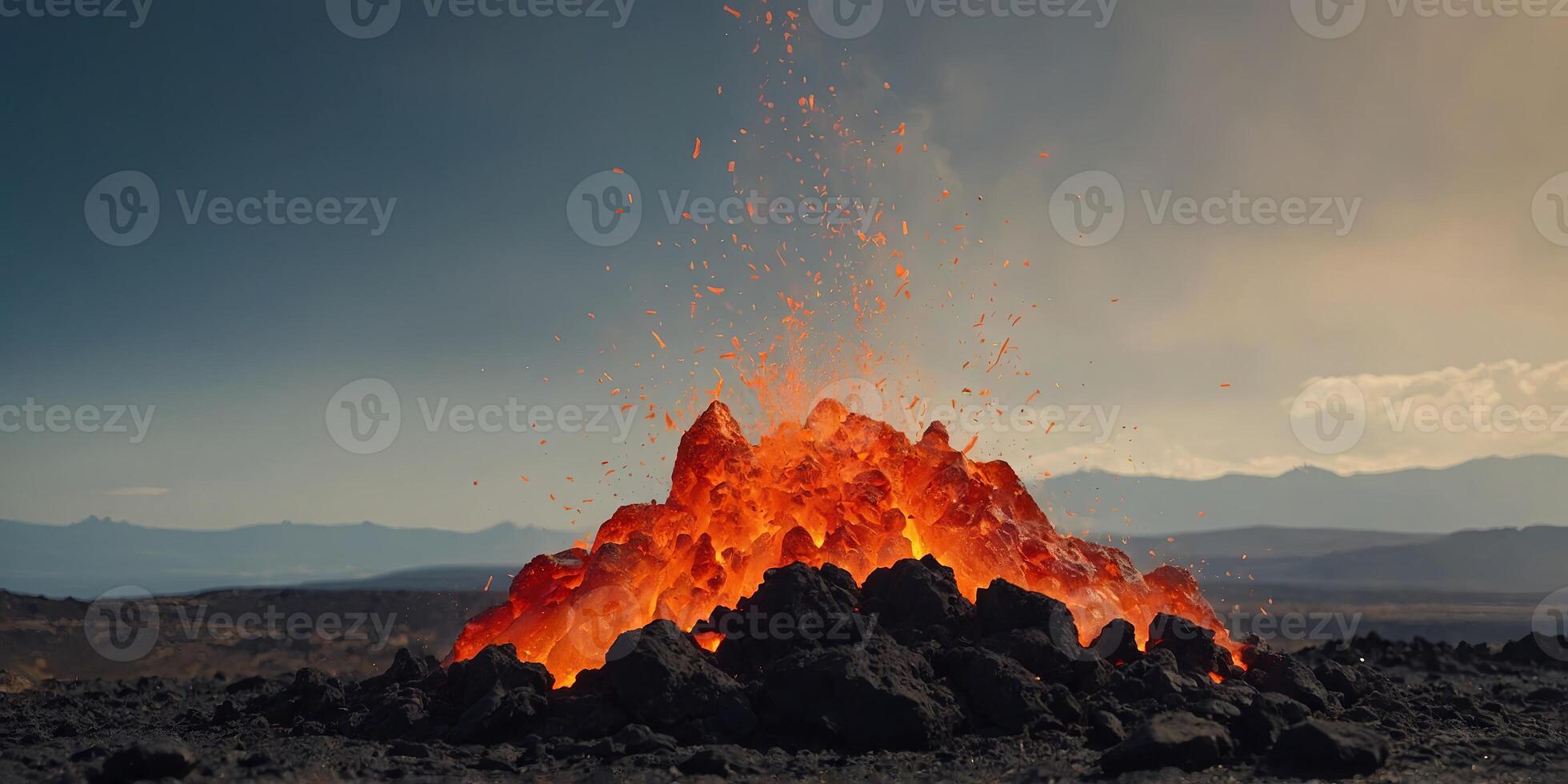 Podium lava rocks smelt on volcano with magma and lava erupt stage for product display, blank showcase, mock up template presentation. photo