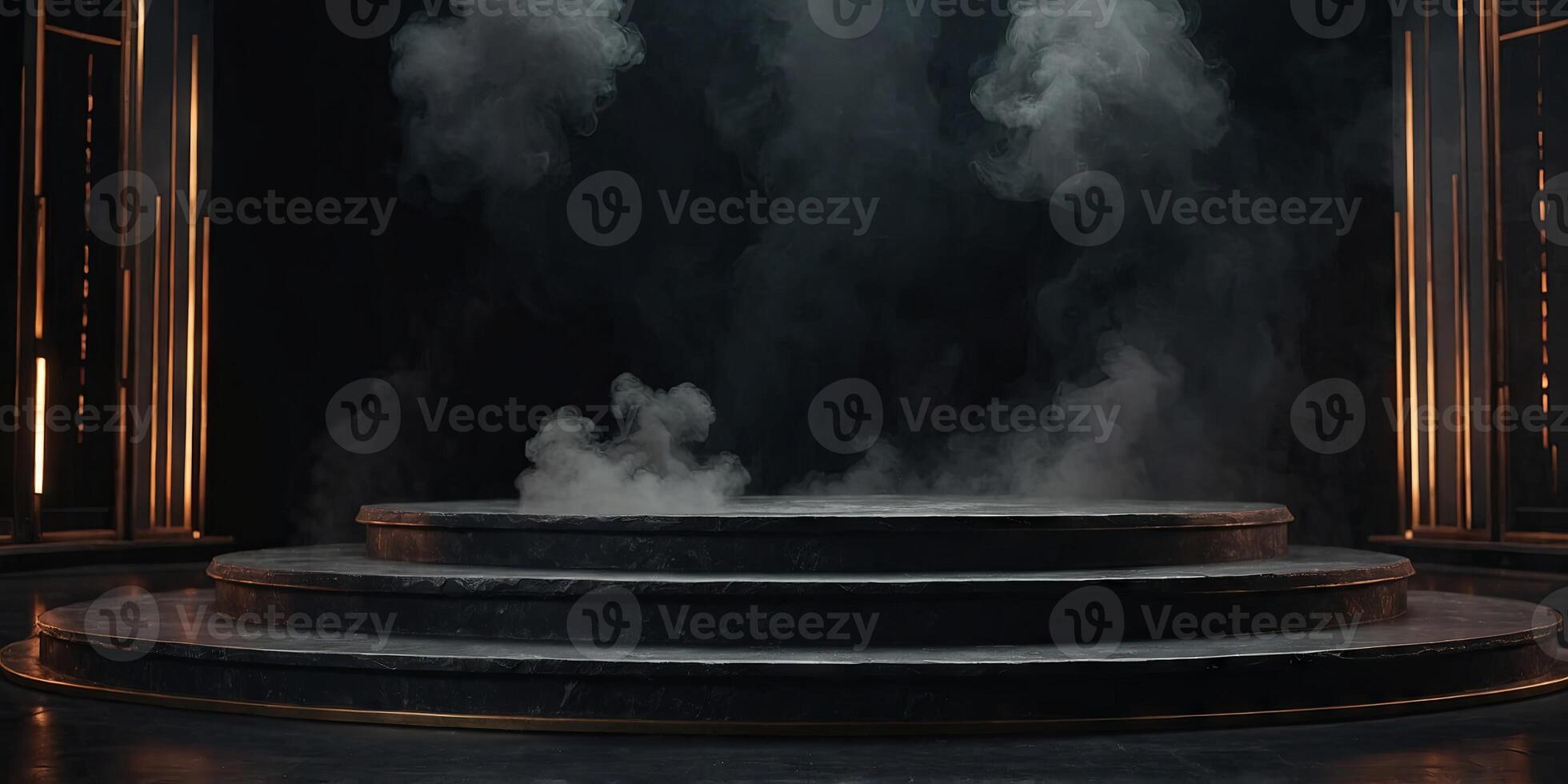 Podium black dark smoke background product platform abstract stage. . photo
