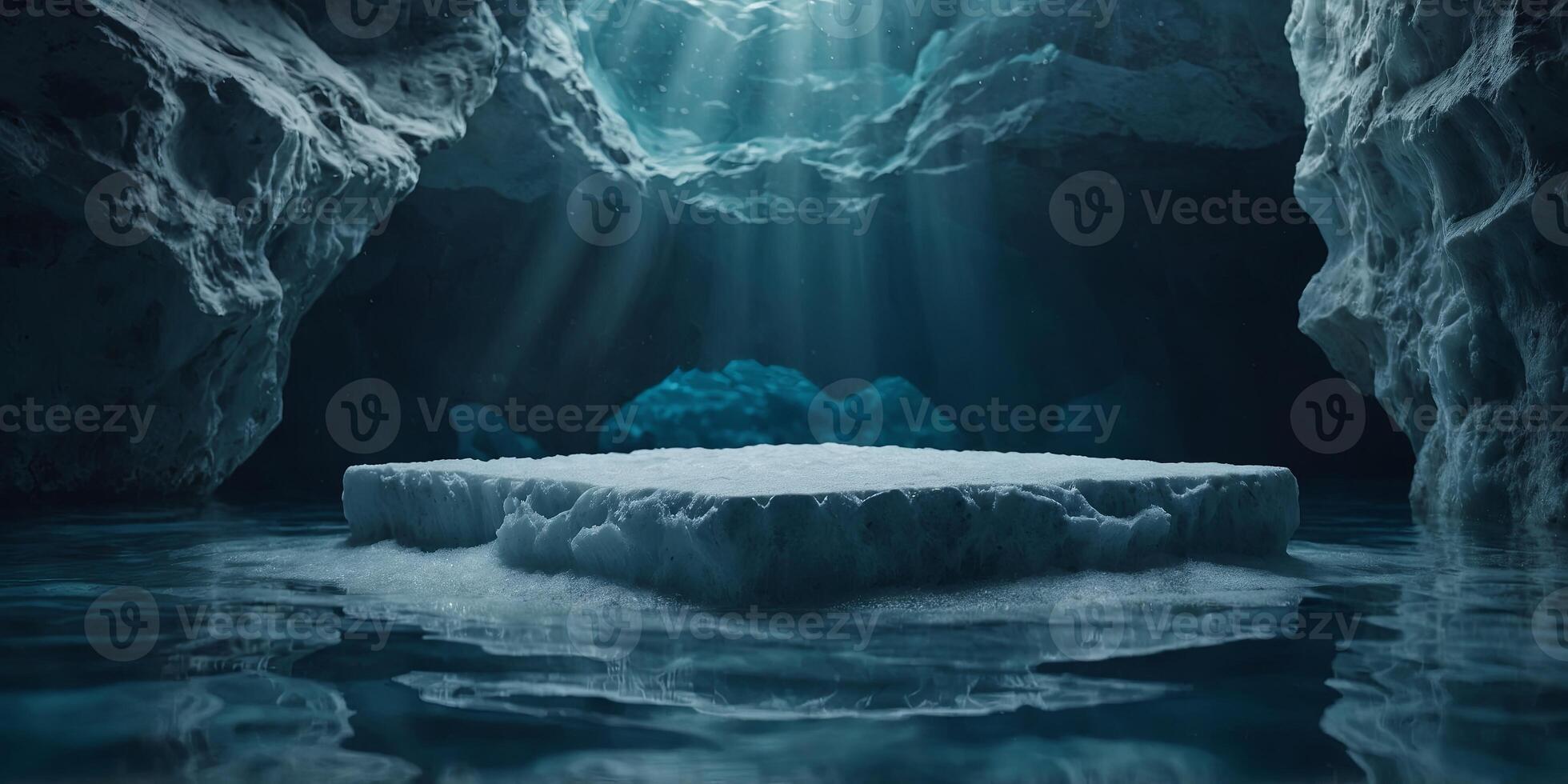 Pedestal podium underwater Underwater scene with empty stone for product display Ice cave for winter theme mockup. photo
