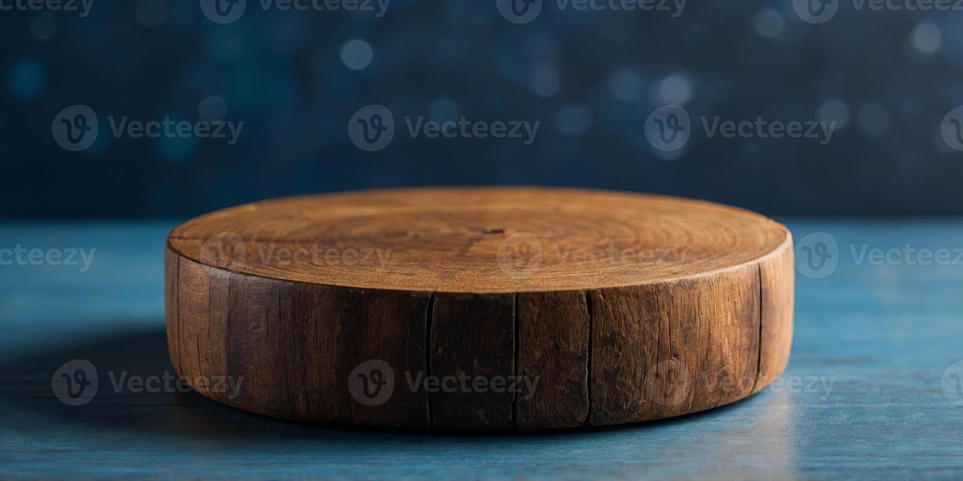 Wooden round on blue background for mocking up or display product to make advertising. photo