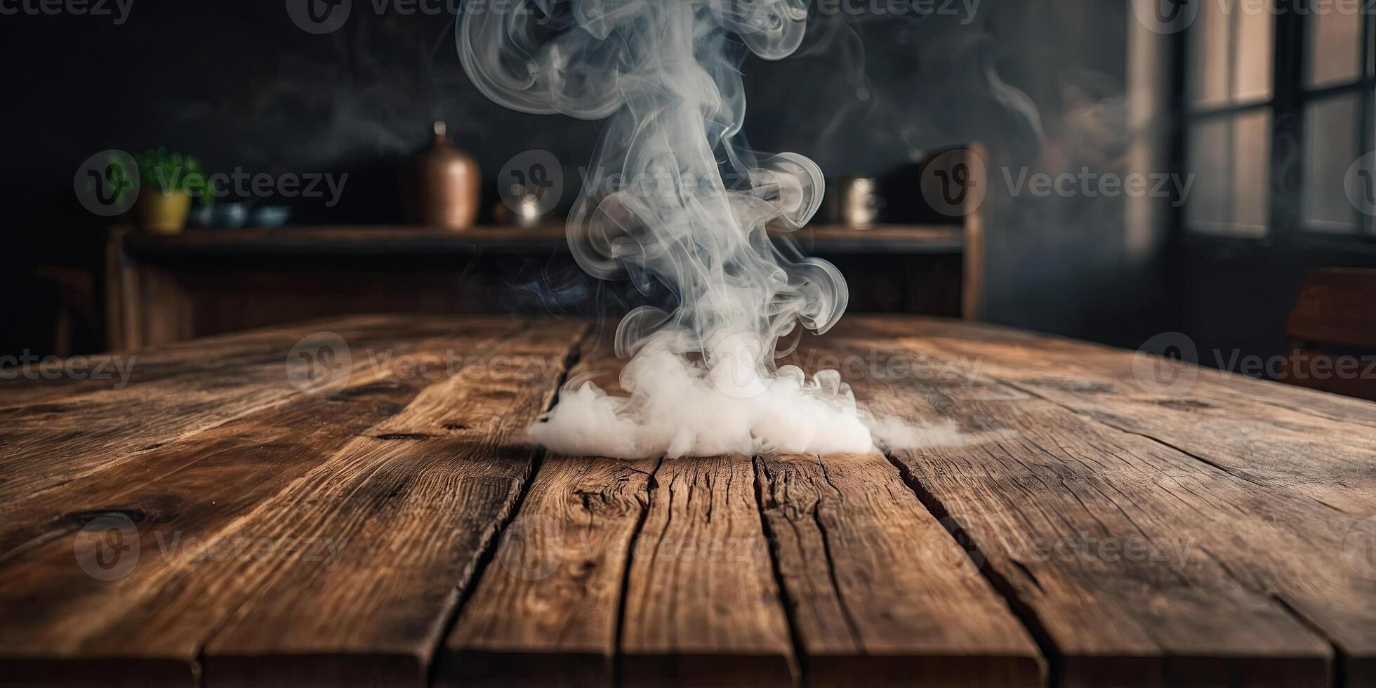 Wood table with smoke on the background Wooden empty surface in the kitchen for product presentation Mockup for design. photo