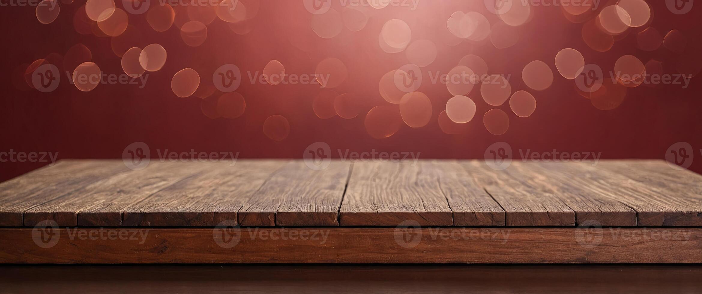Wooden platform for professional product showcases on red background. photo