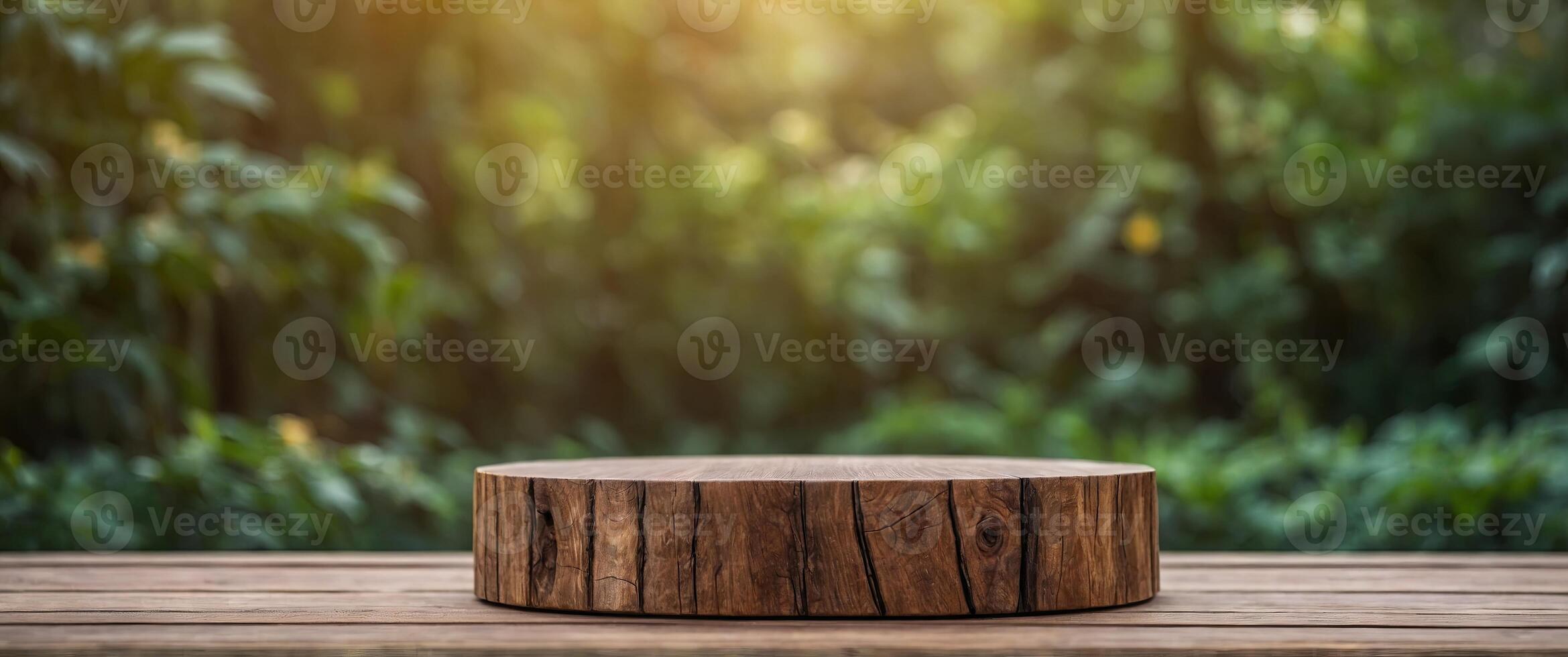 Wooden podium on wooden table in front of blurred nature background Mock up for product display. photo