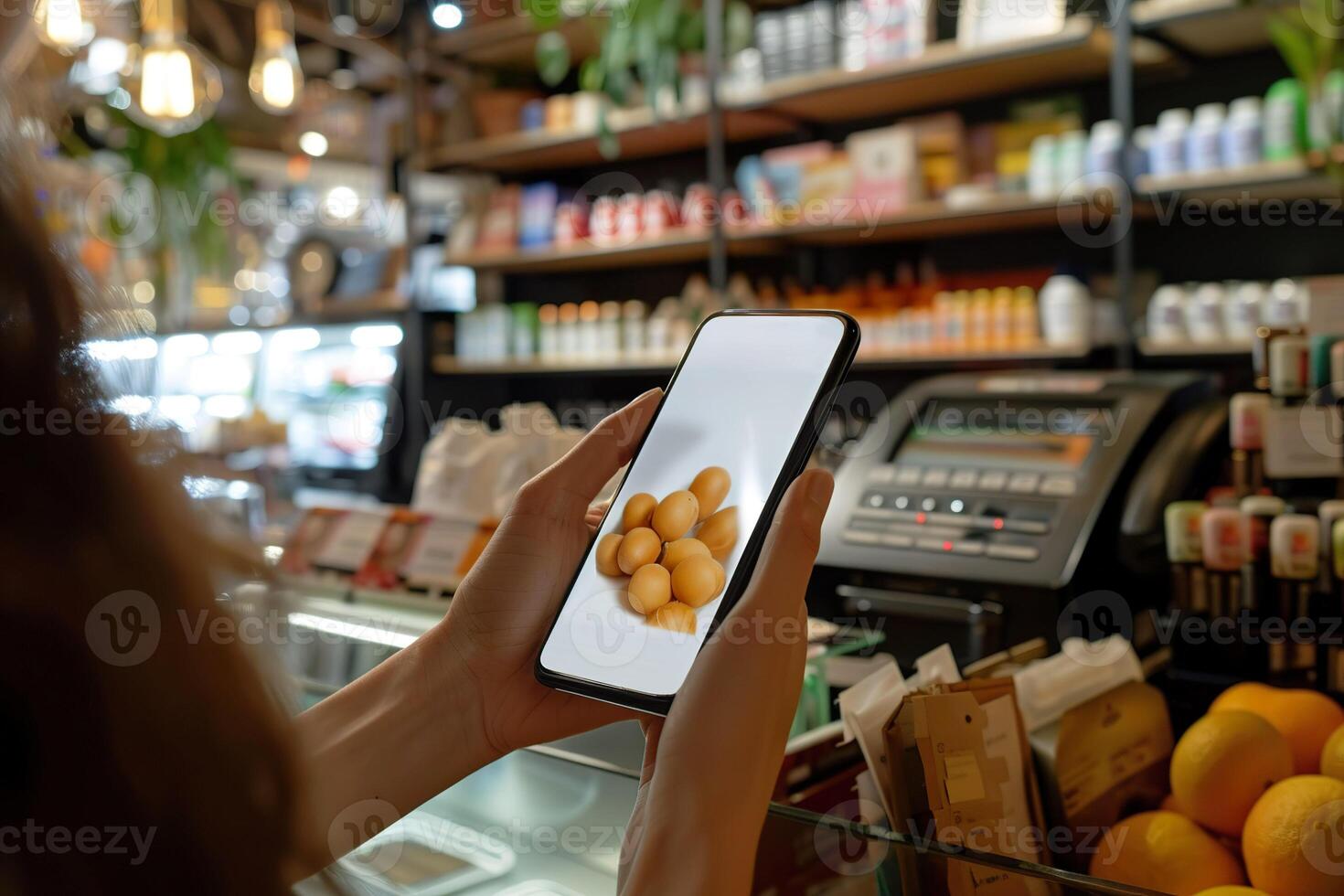 Woman using smartphone to check product details in grocery store photo
