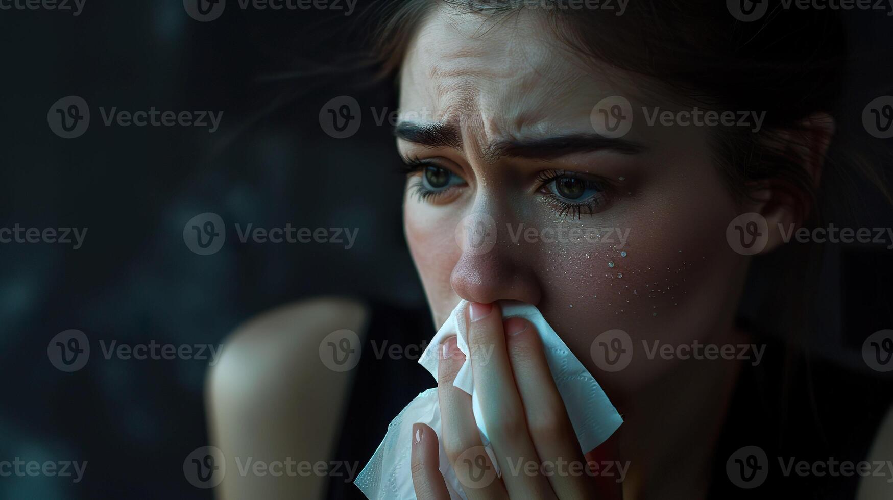 Young woman with tears and tissue in dark, emotional moment photo