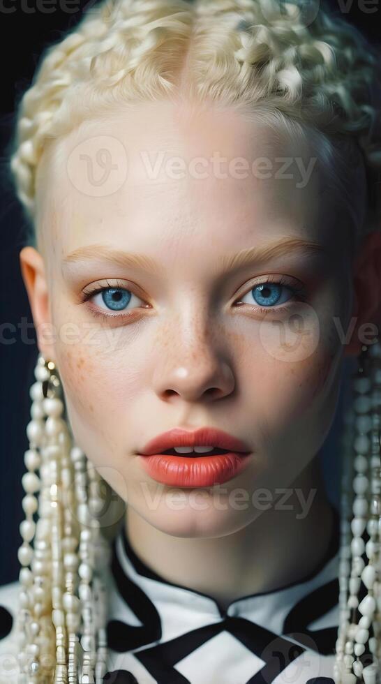 Portrait of beautiful African American female albino model, white Afro, fashion and lifestyle, diversity, people background photo