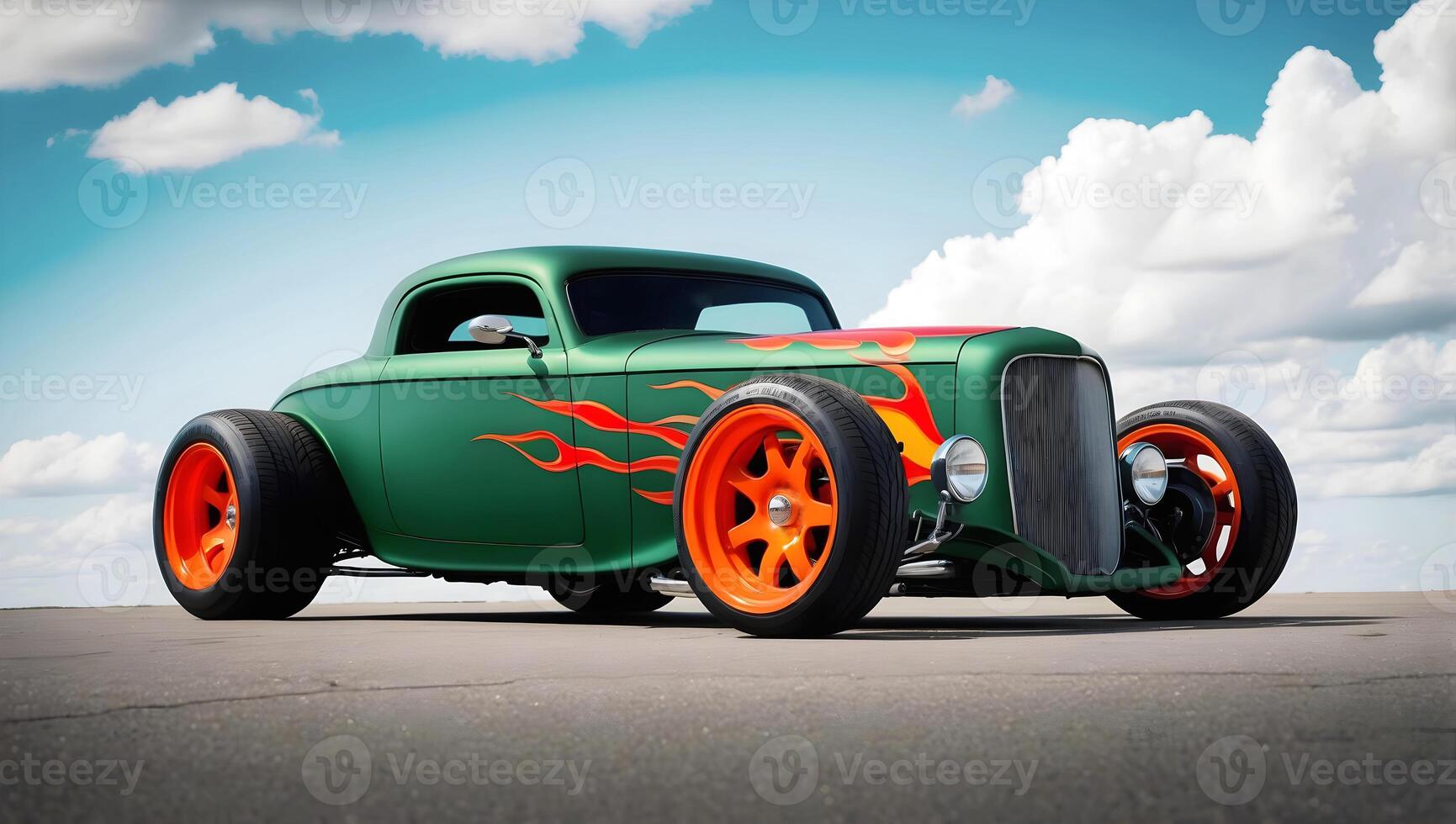 Beautiful unique green vintage hot rod car with fire, automotive background, tuning template, wallpaper, auto transport photo