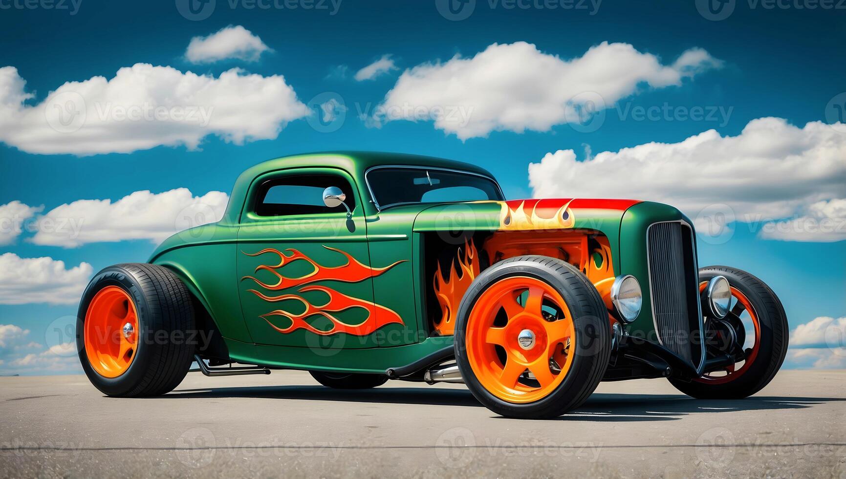 Beautiful unique green vintage hot rod car with fire, automotive background, tuning template, wallpaper, auto transport photo
