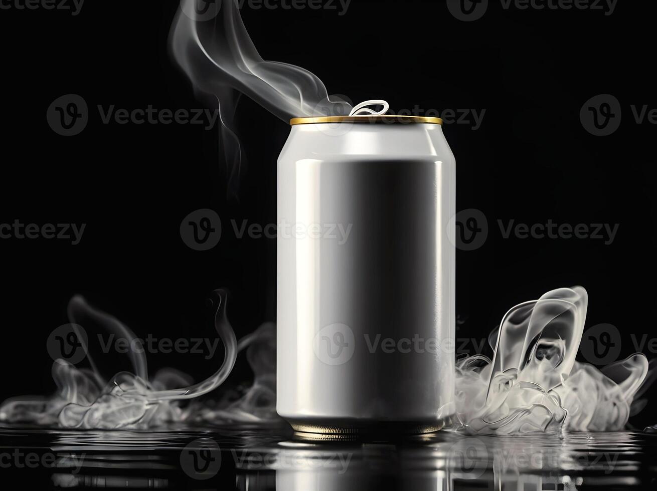 water splashing on top of blank white soda can reflected in water, smoke, product background, mock up, aesthetic, drinks and beverage, refreshing photo