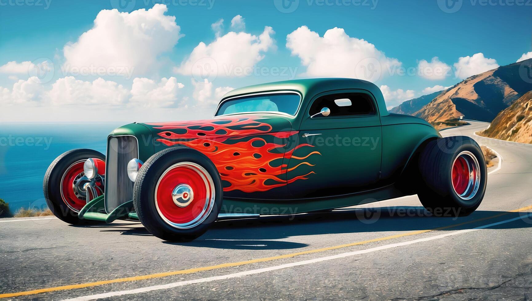 Beautiful unique green vintage hot rod car with fire, automotive background, tuning template, wallpaper, auto transport photo