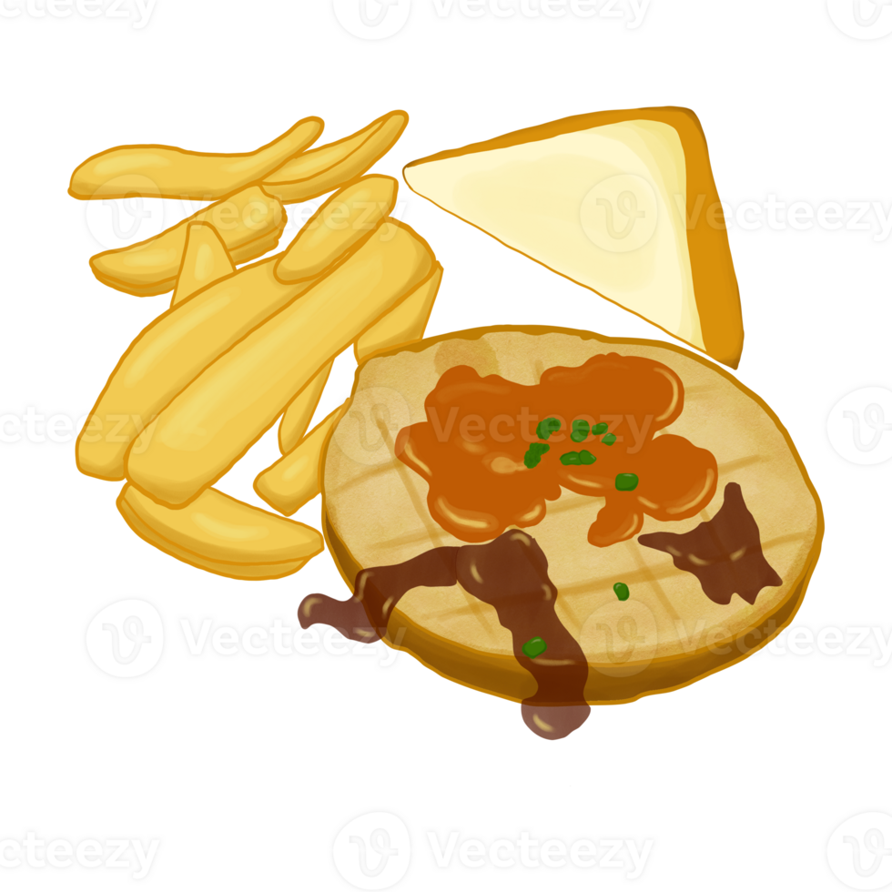 Beef Steak with Sauce with Bread and French Fries Doodle Cartoon Food Design png