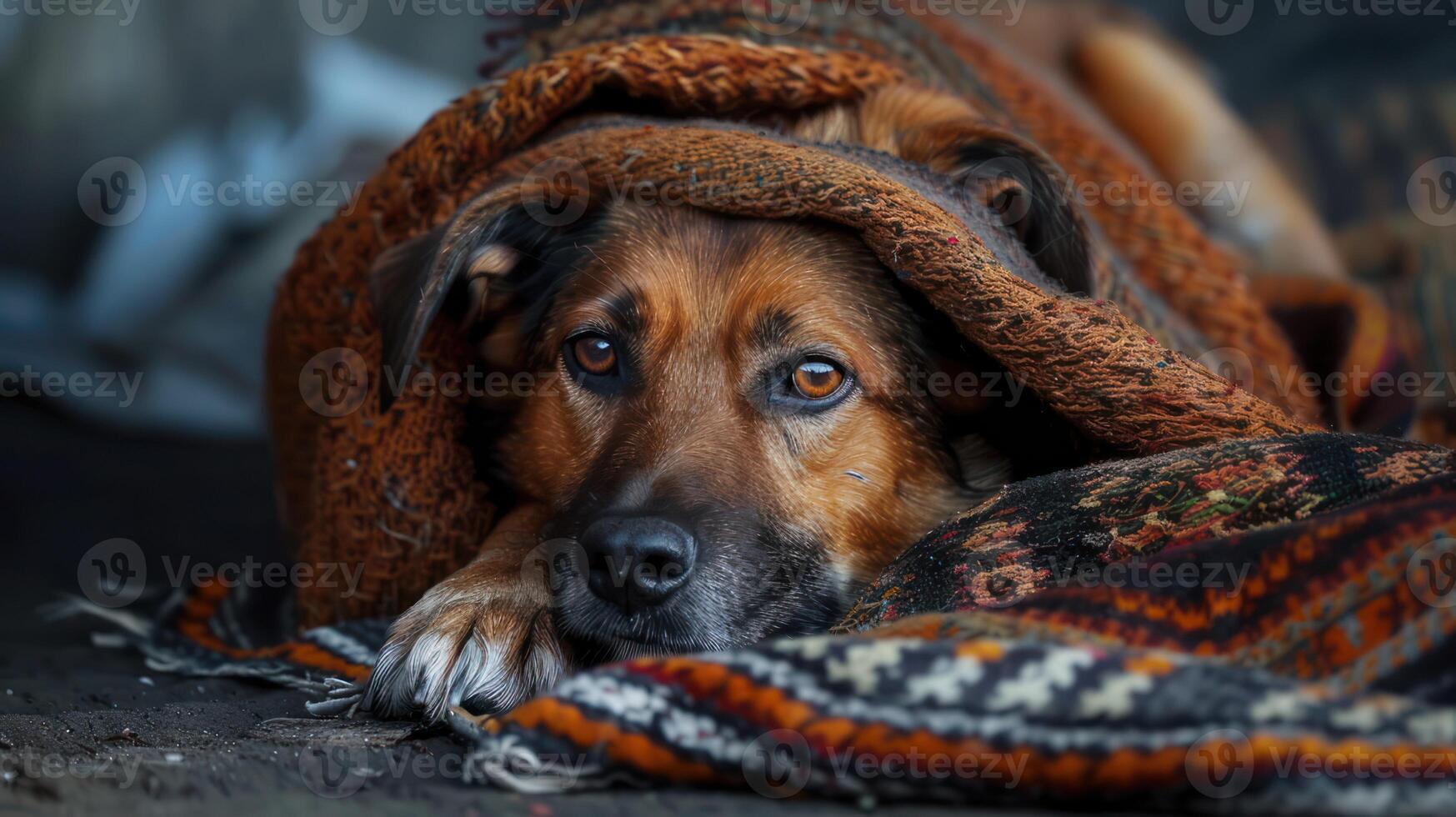 homeless dog on the street lies on the ground and is covered with an old torn blanket photo