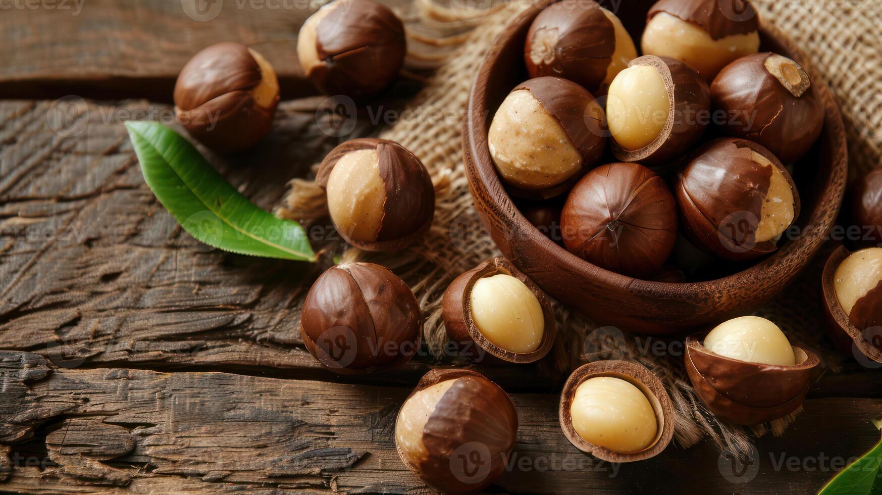 macadamia nuts in a wooden plate on a piece of linen cloth on a wooden table. Aesthetic background photo