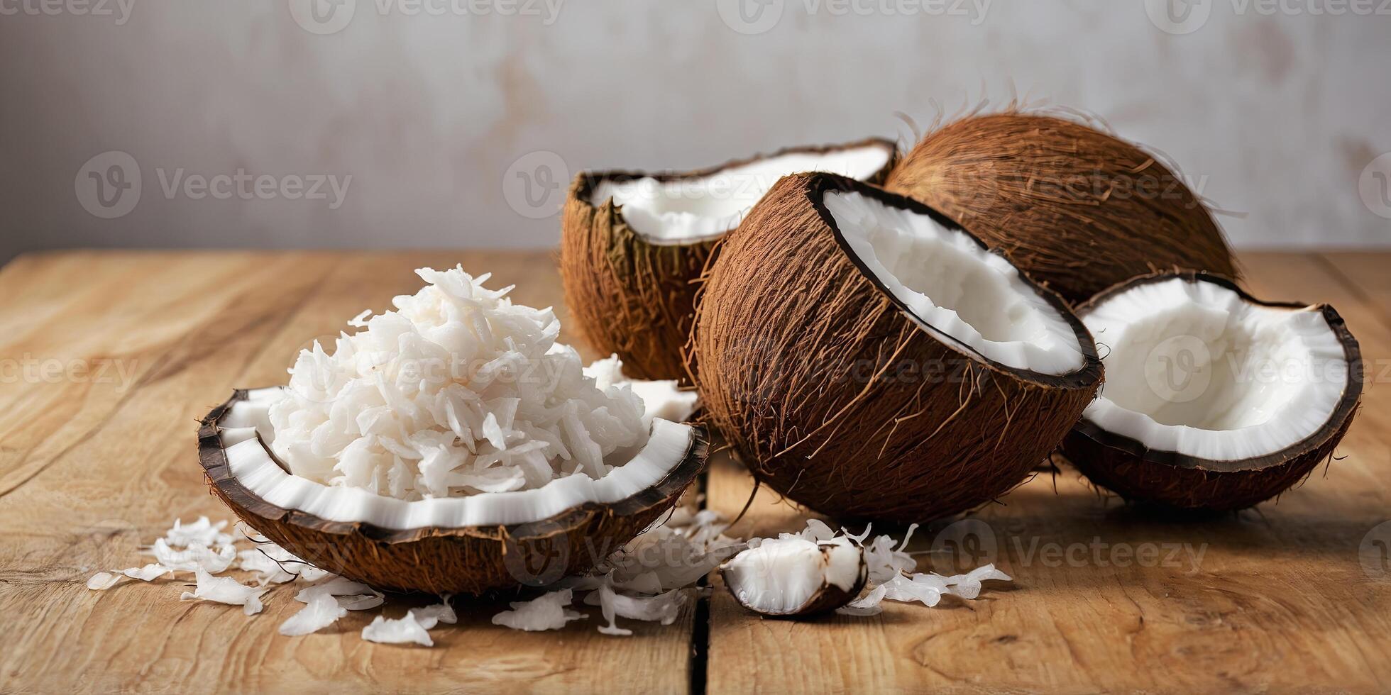 Natural beauty product and coconut on light wood. photo