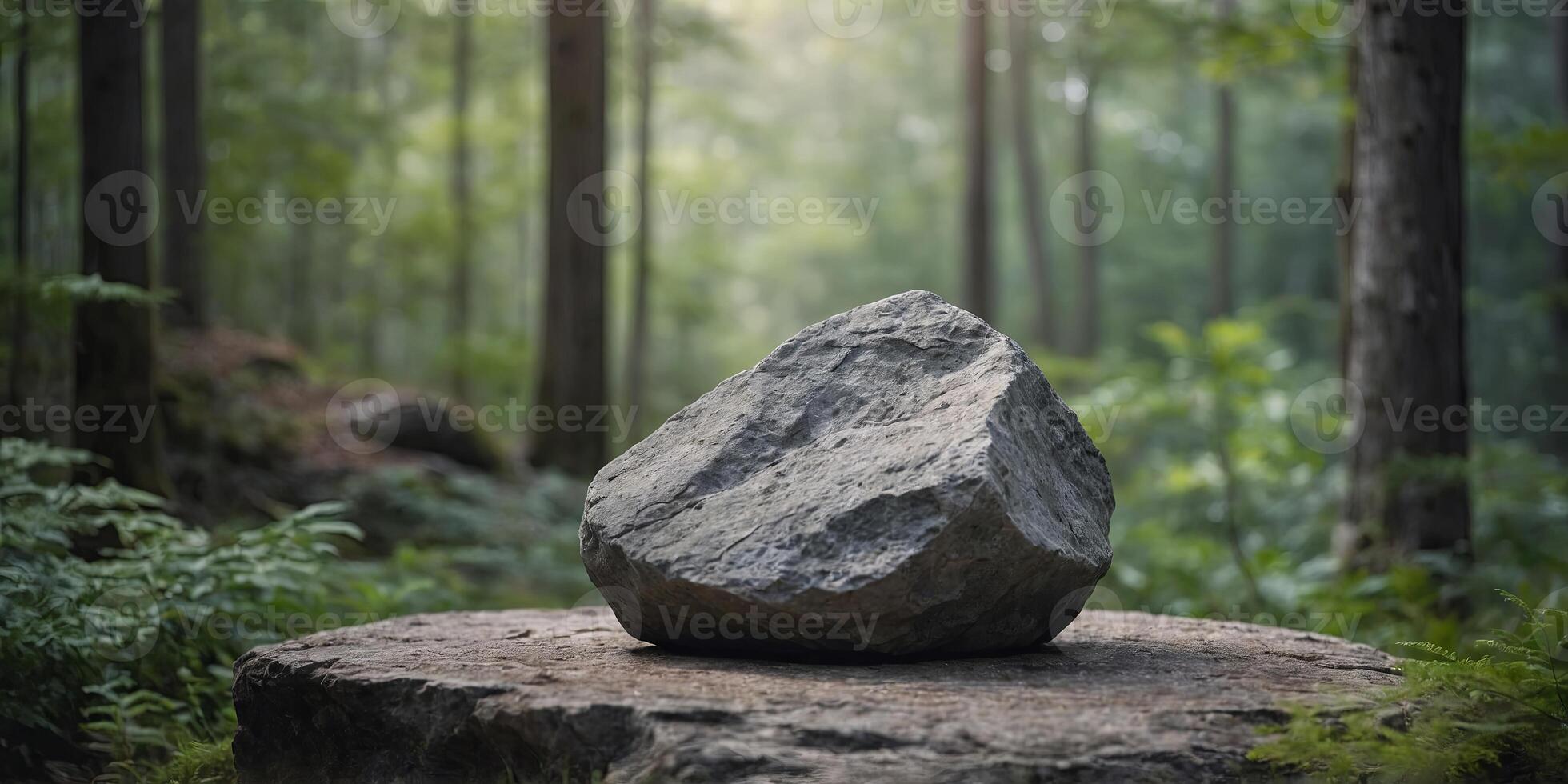 Natural grey rock pedestal for product display, surrounded by a blurred, serene forest landscape with soft gradient colors. photo