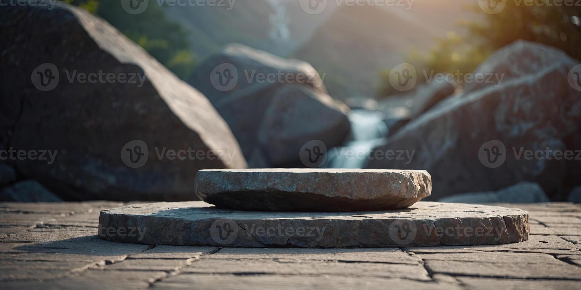 Podium Empty platform or pedestal for product presentation with rock and stones decoration Illustration. photo