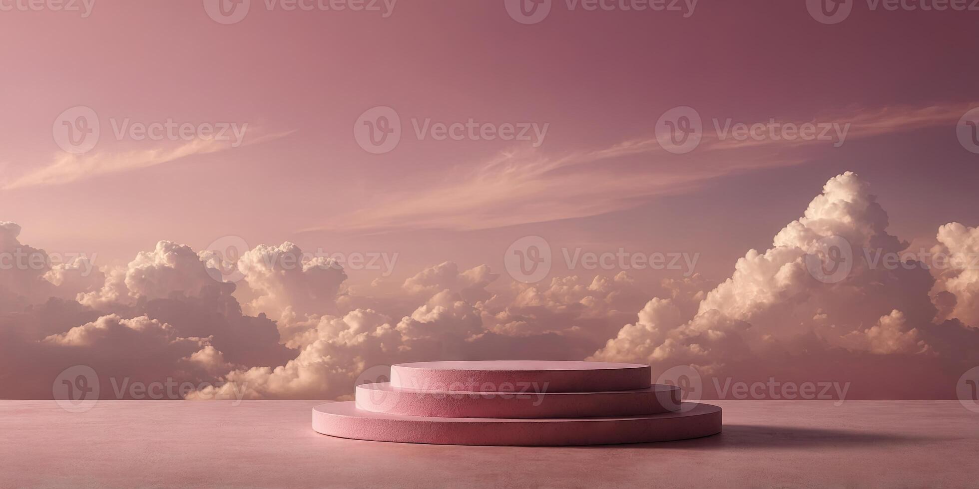 Pink podium with pink clouds background for product display. photo