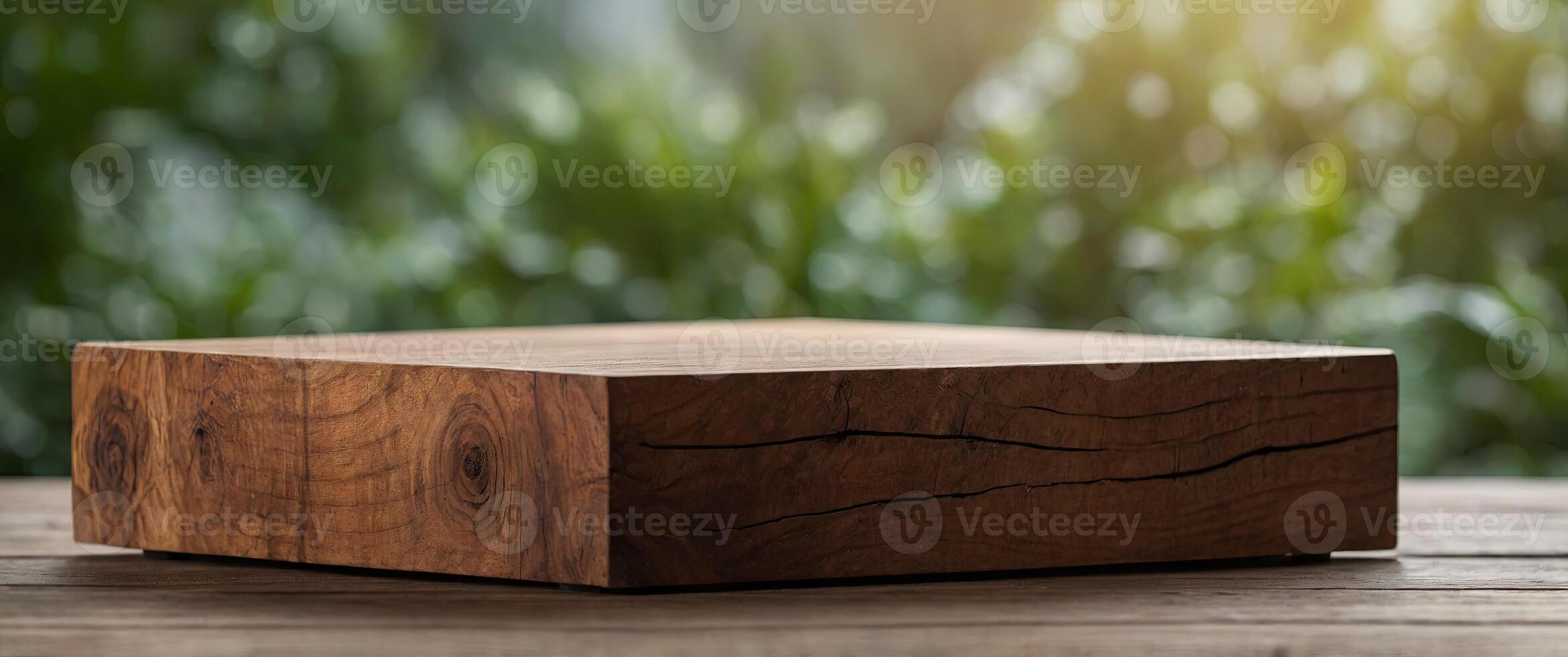 Natural wood podium with soft lighting for product display, wood, podium, natural light. photo