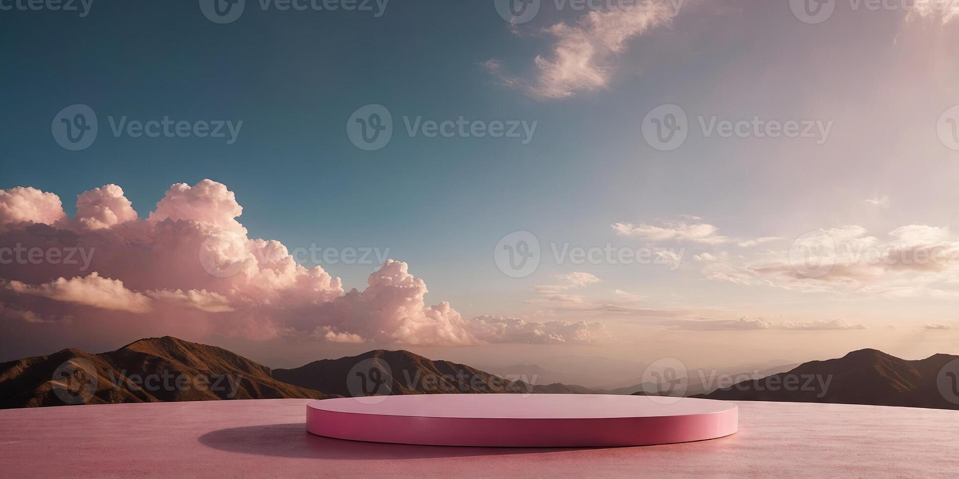 Pink podium with pink clouds background for product display. photo
