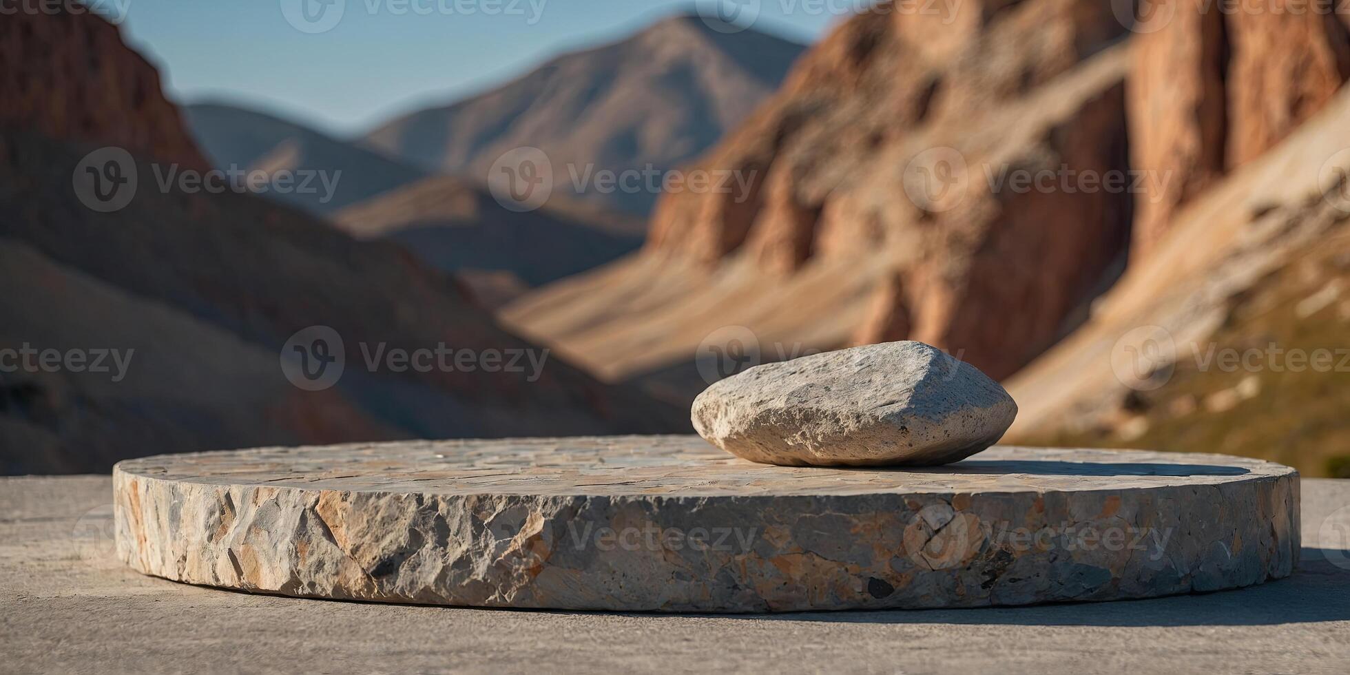 Podium Empty platform or pedestal for product presentation with rock and stones decoration Illustration. photo