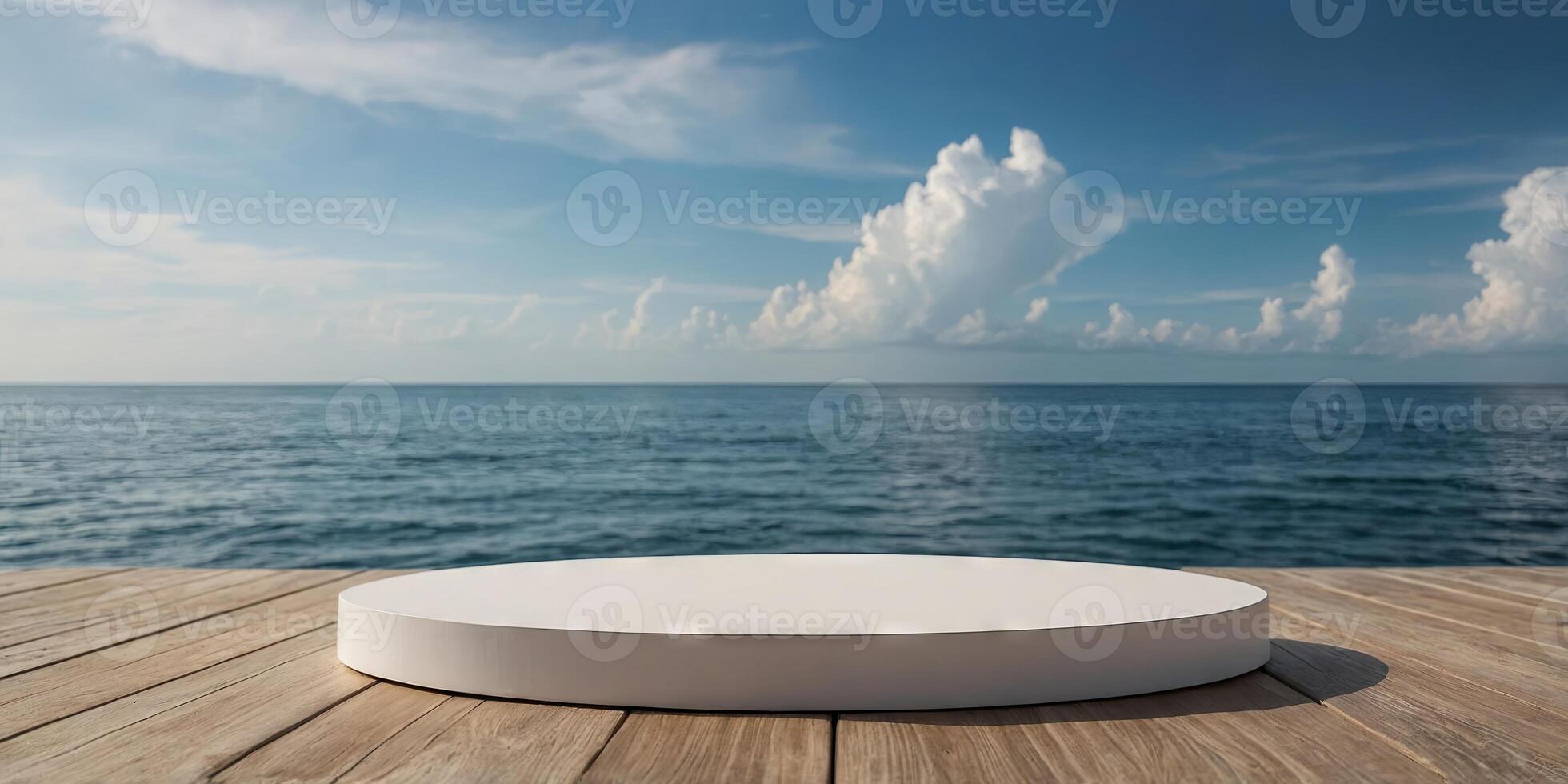Minimal white podium displaying on wooden floor with ocean and sky background for mockup showcase display design. photo
