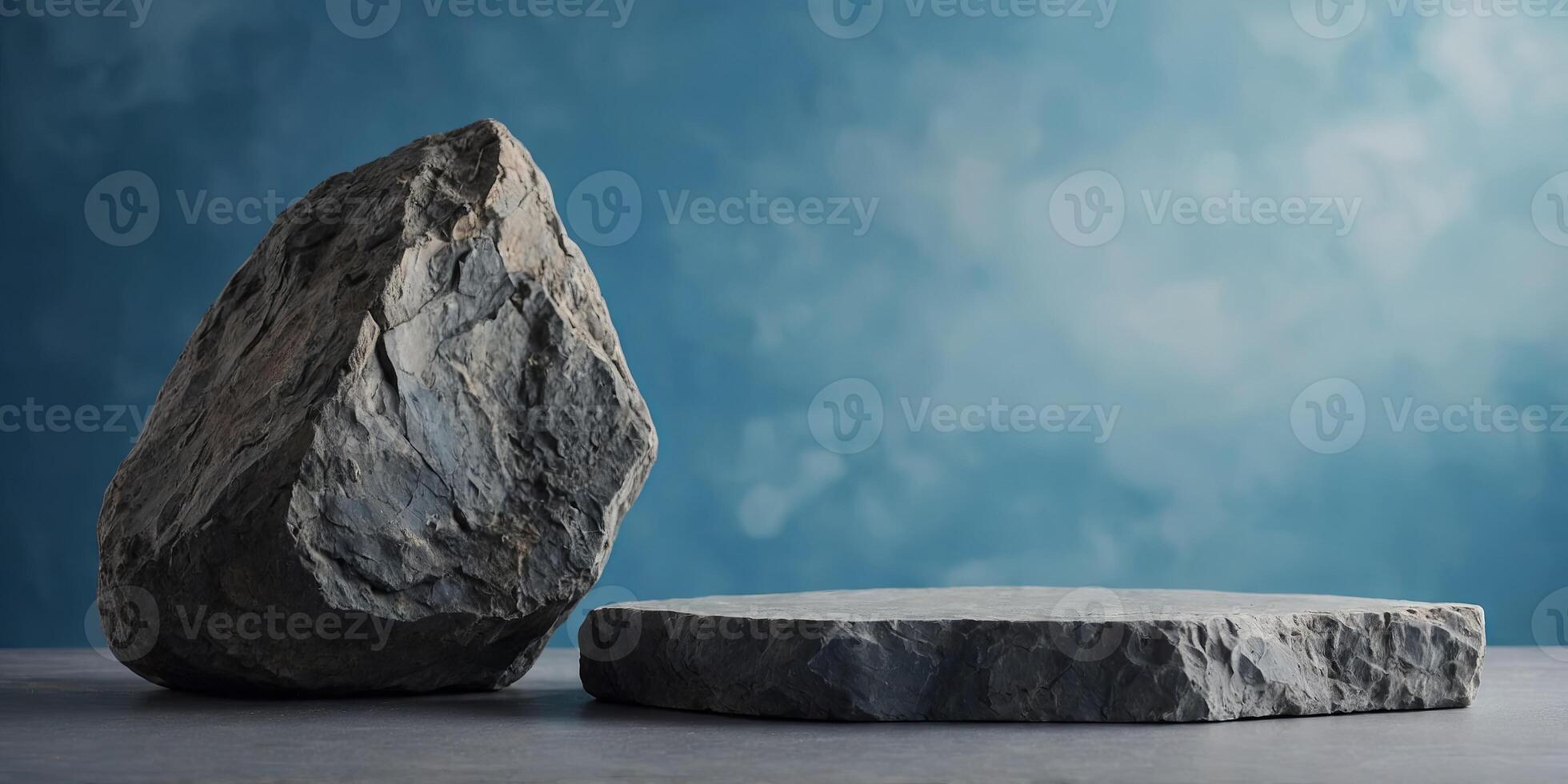 Stone rock podium for display product on blue background, for cosmetic product branding, identity and packaging presentation promotion display. photo