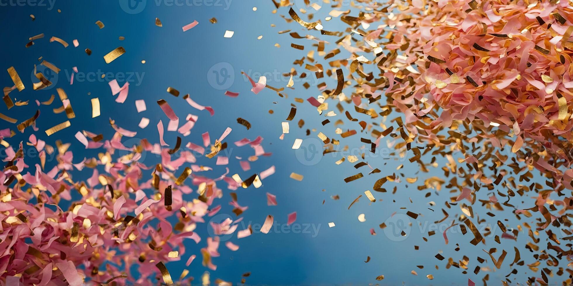 Pink and gold confetti falling from a blue-orange gradient background. photo