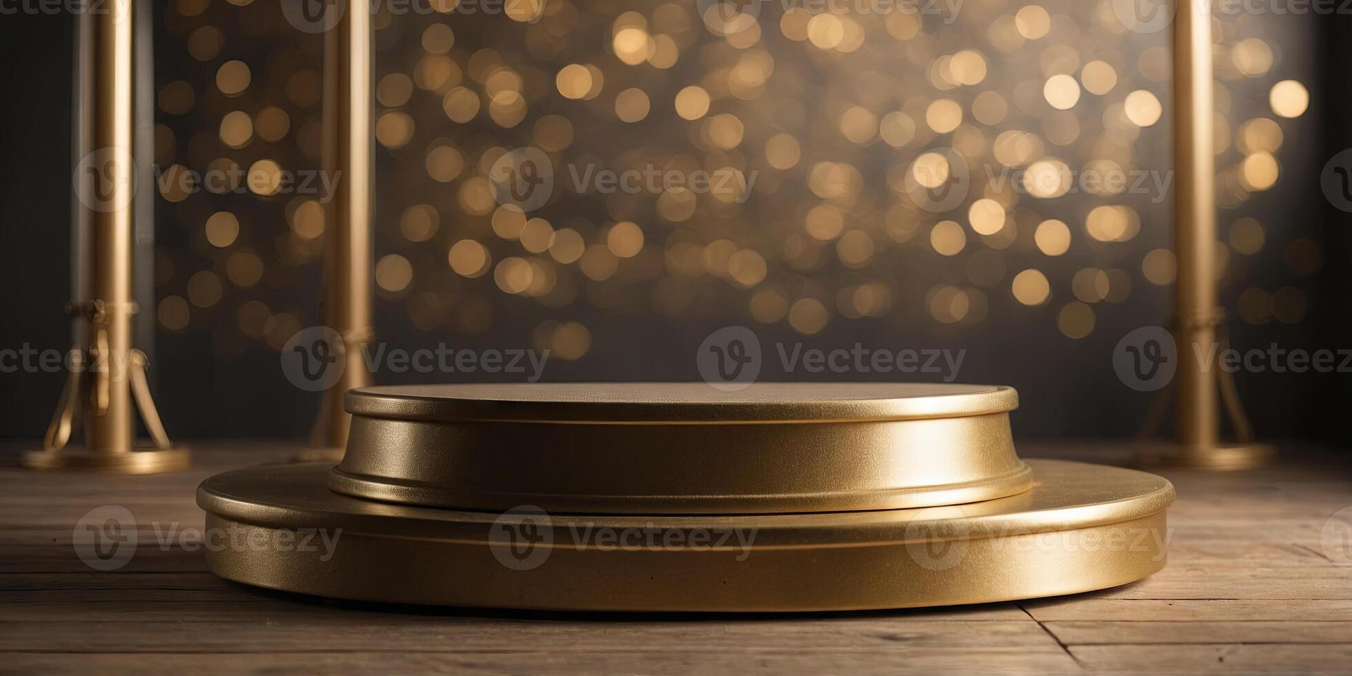 With an empty product pedestal and a gold premium podium stage backdrop,. photo